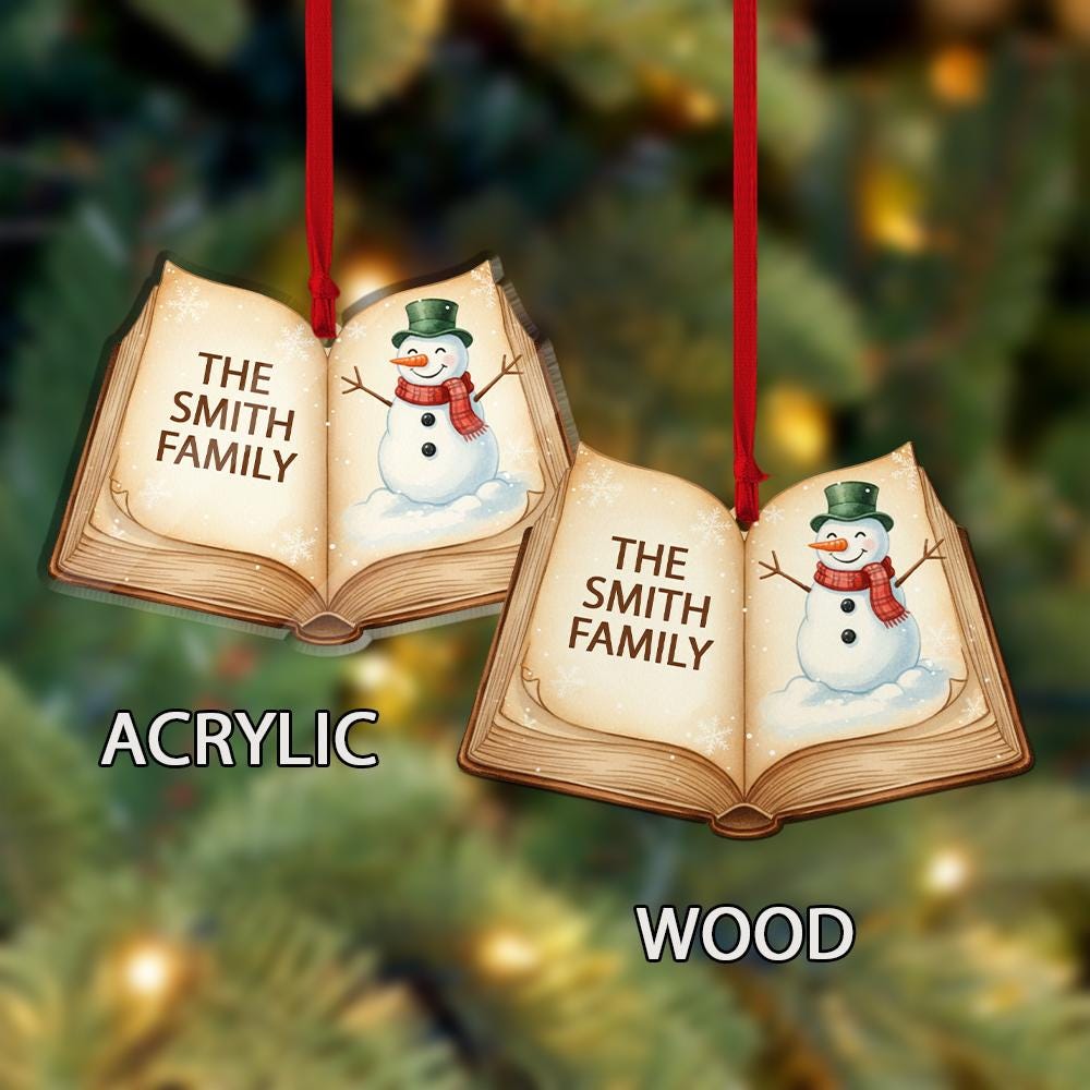 Personalized Family Ornament – Custom Book Snowman Christmas Tree Decoration