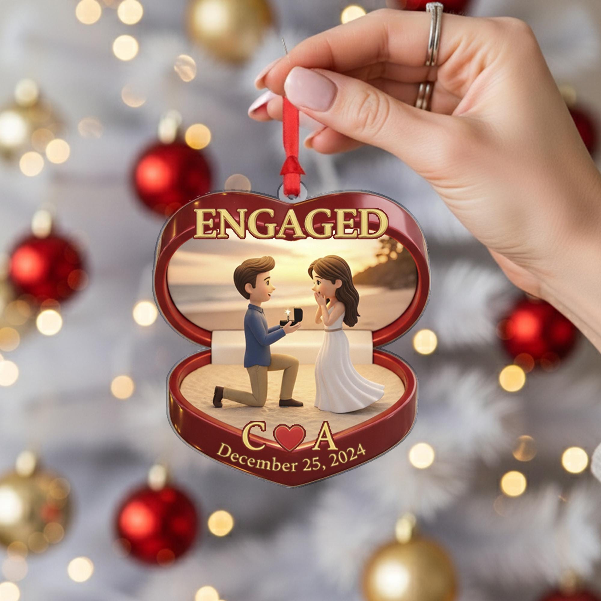 Engagement Ornament Ring Box Shape - Red Heart Ornament - Custom Initials & Date Decoration