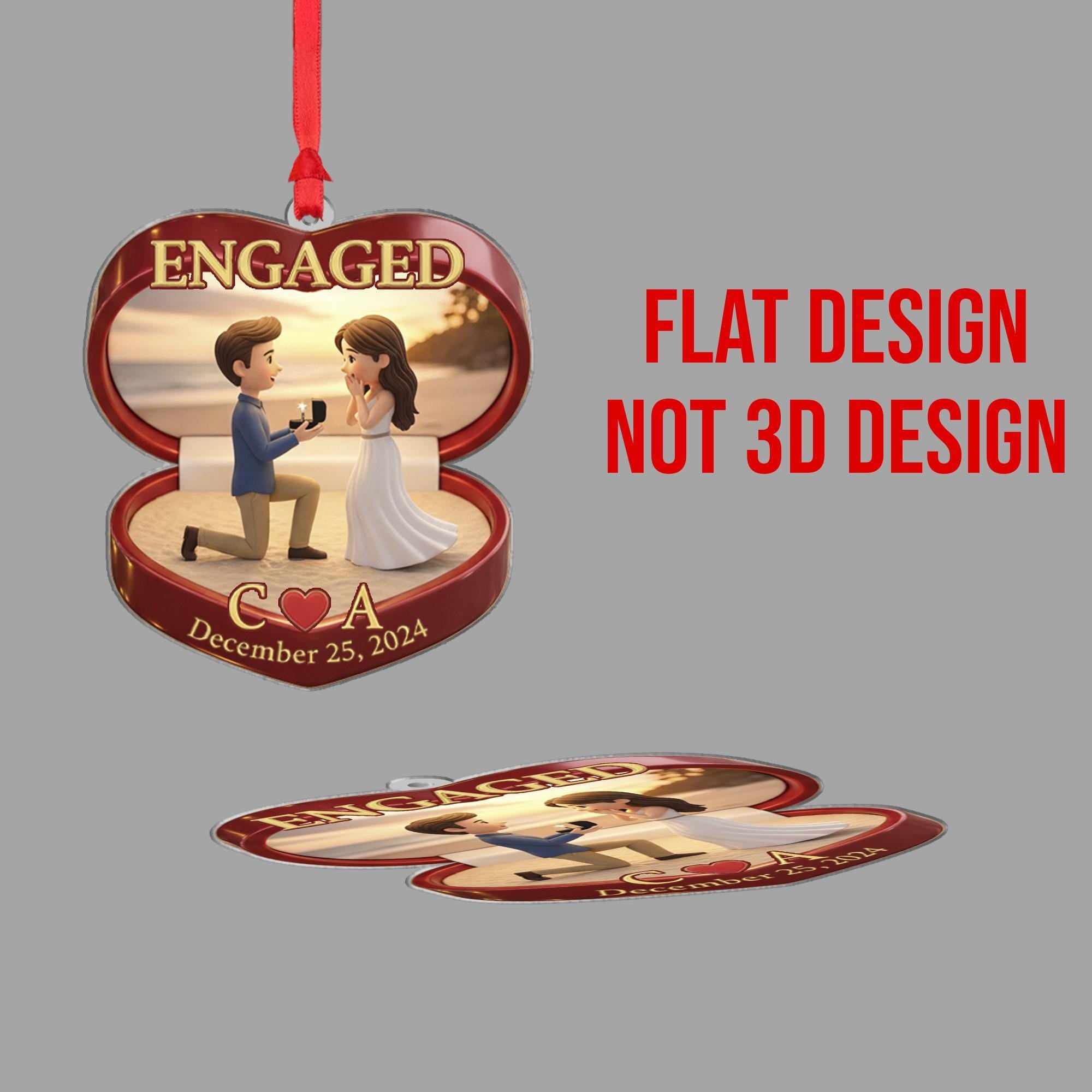 Engagement Ornament Ring Box Shape - Red Heart Ornament - Custom Initials & Date Decoration