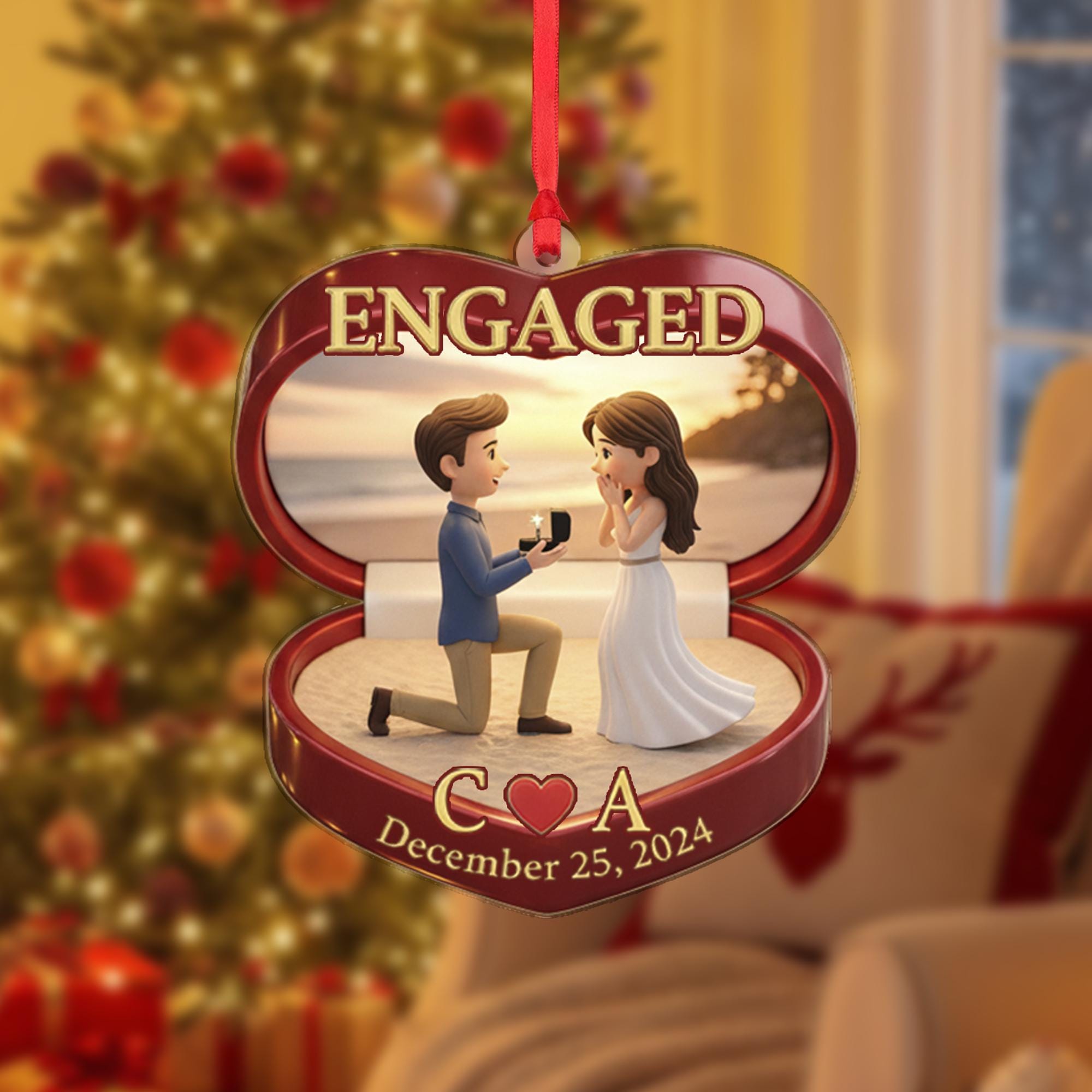 Engagement Ornament Ring Box Shape - Red Heart Ornament - Custom Initials & Date Decoration