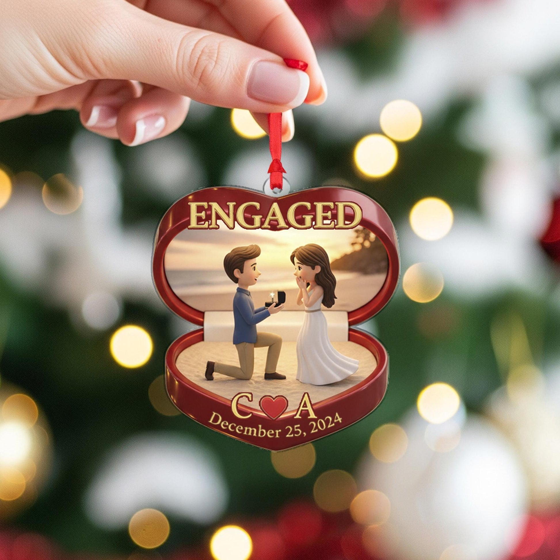 Engagement Ornament Ring Box Shape - Red Heart Ornament - Custom Initials & Date Decoration
