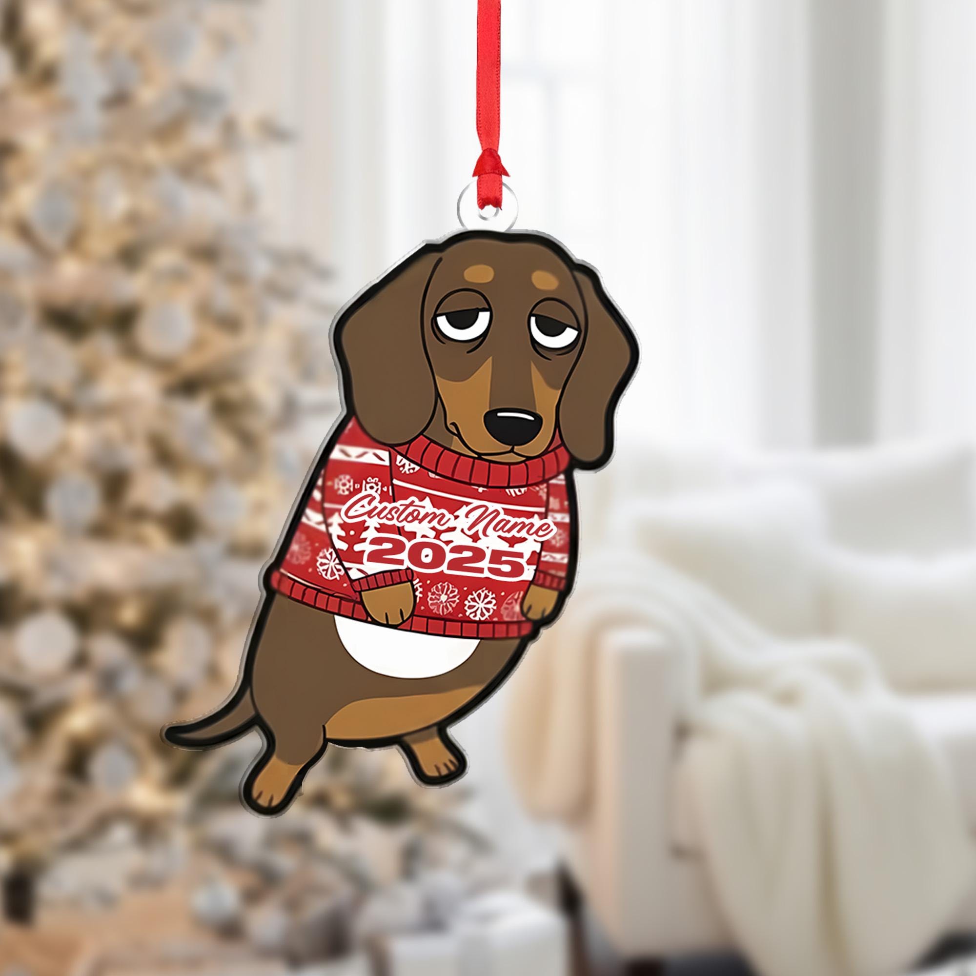 Personalized Dachshund Ornament – Custom Name Christmas Sweater Dog Decoration