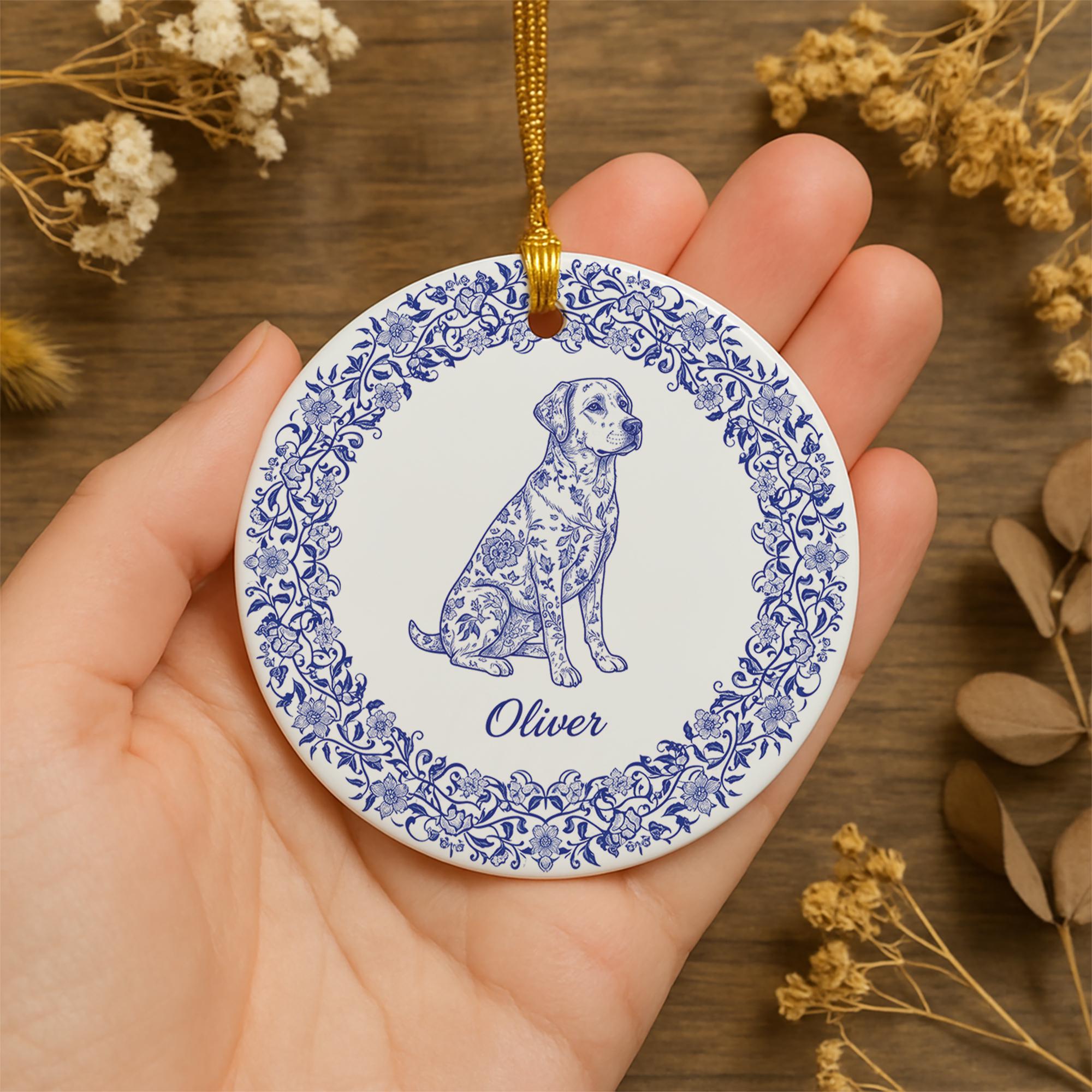 Personalized Ceramic Dog Ornament – Custom Name Blue Floral Pet Decoration