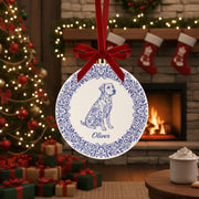 Personalized Ceramic Dog Ornament – Custom Name Blue Floral Pet Decoration