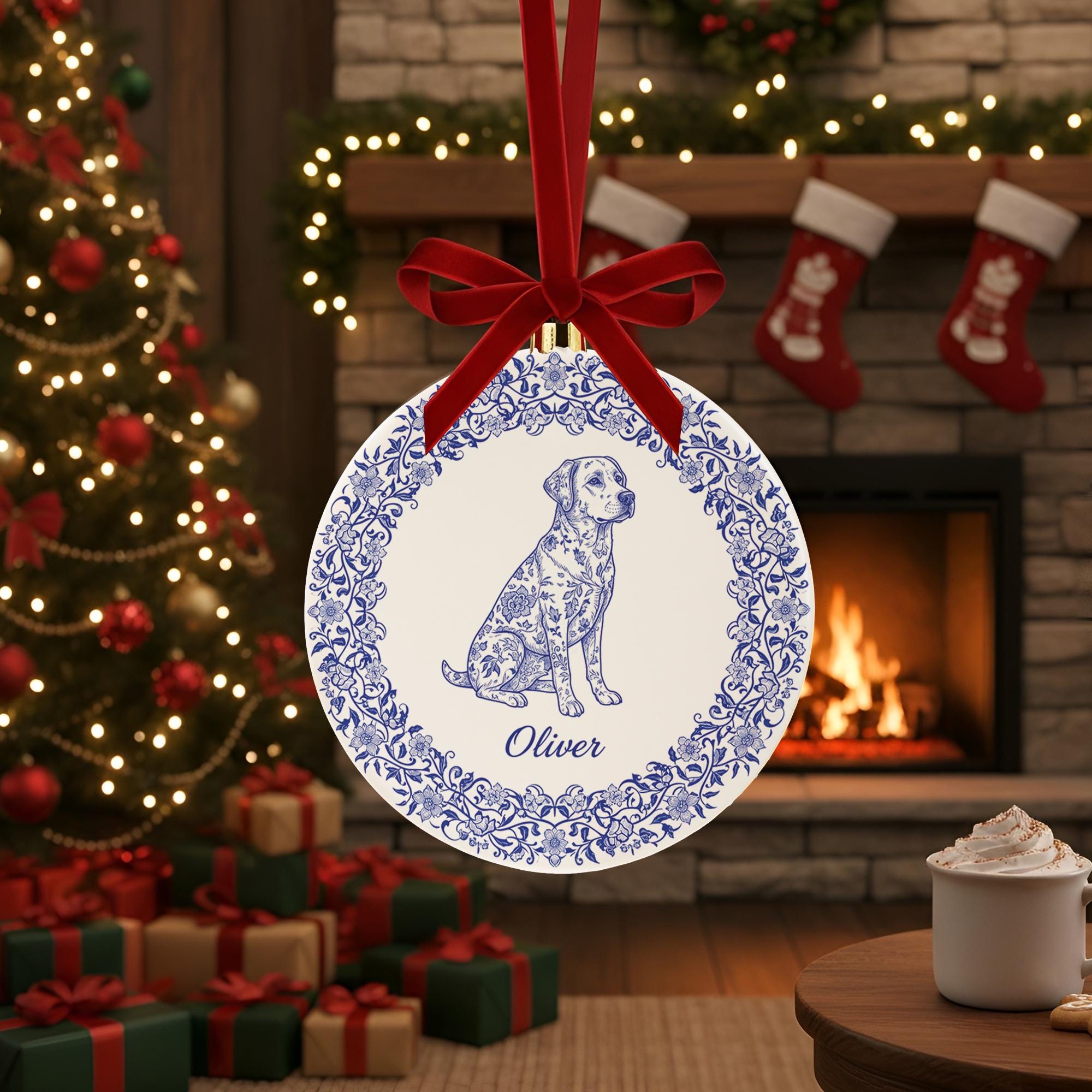 Personalized Ceramic Dog Ornament – Custom Name Blue Floral Pet Decoration