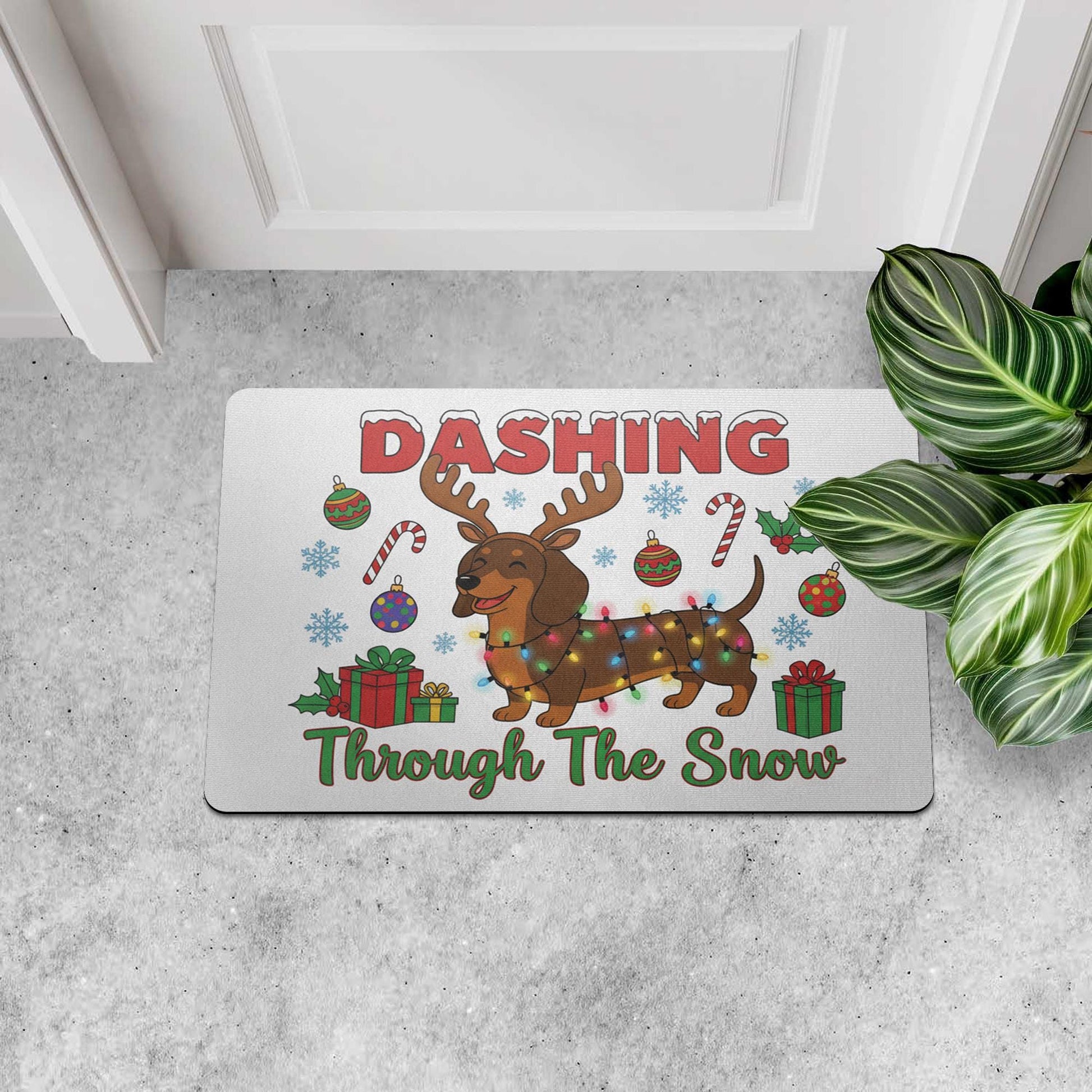 Christmas Doormat Dachshund Reindeer Lights | Holiday Entry Rug Indoor Outdoor | Funny Pet Winter Decor