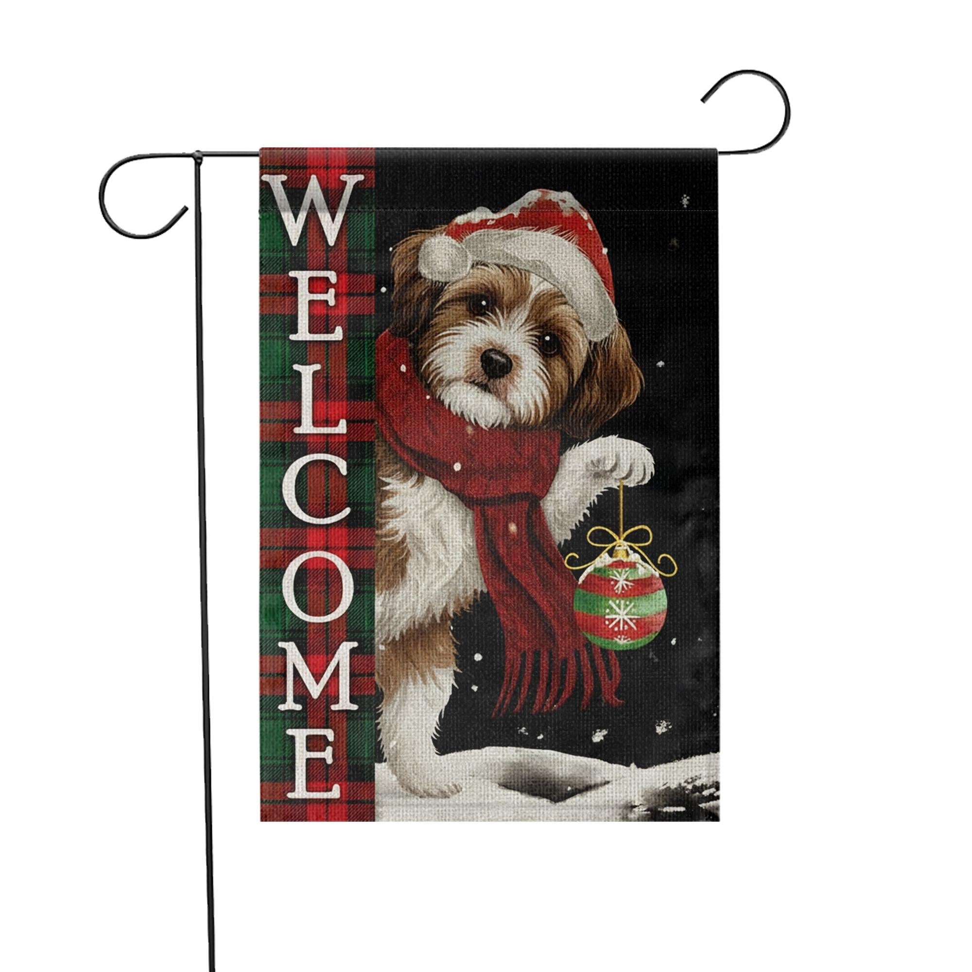 Christmas Garden Flag Dog Welcome | Holiday Outdoor Yard Banner | Winter Plaid Pet Decoration