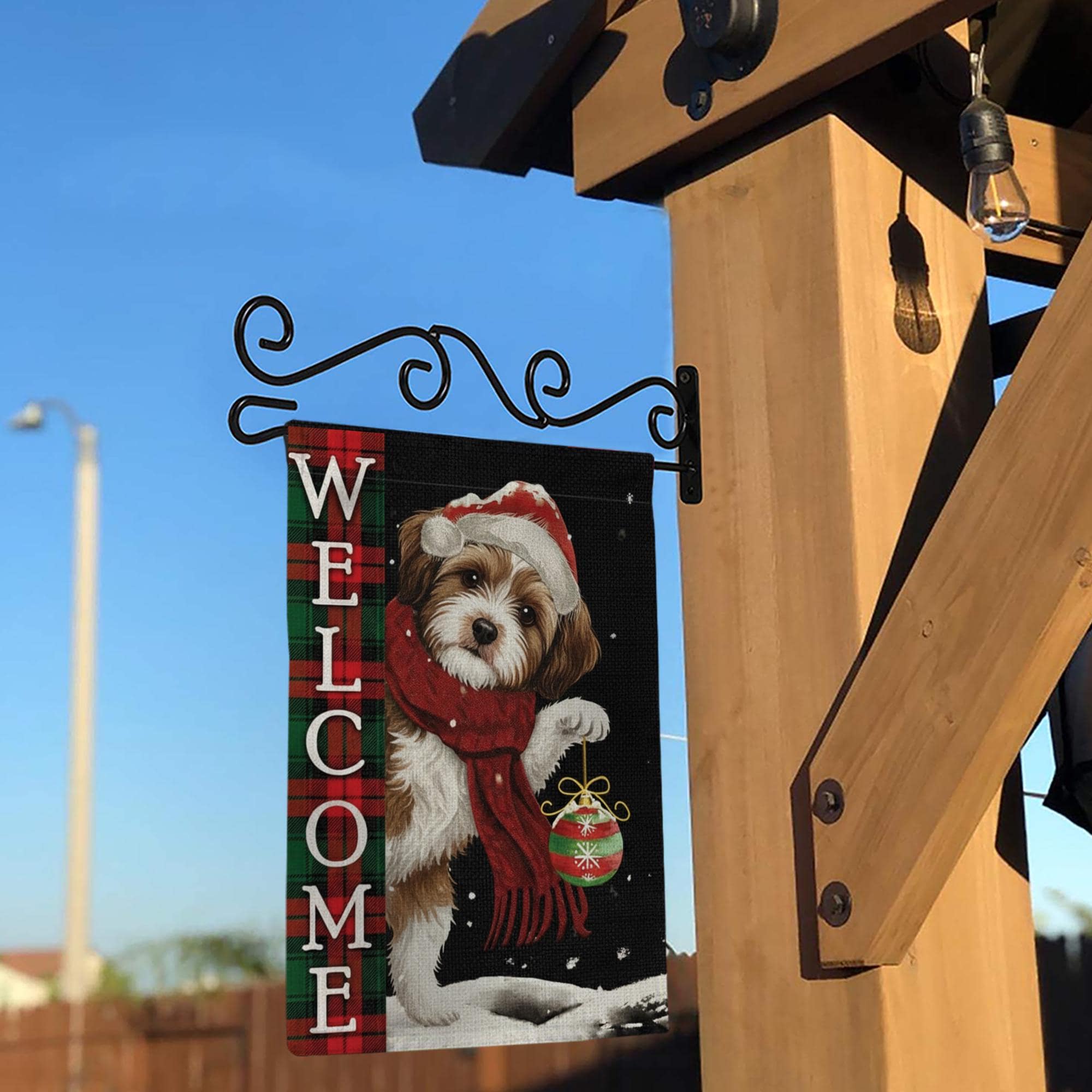 Christmas Garden Flag Dog Welcome | Holiday Outdoor Yard Banner | Winter Plaid Pet Decoration