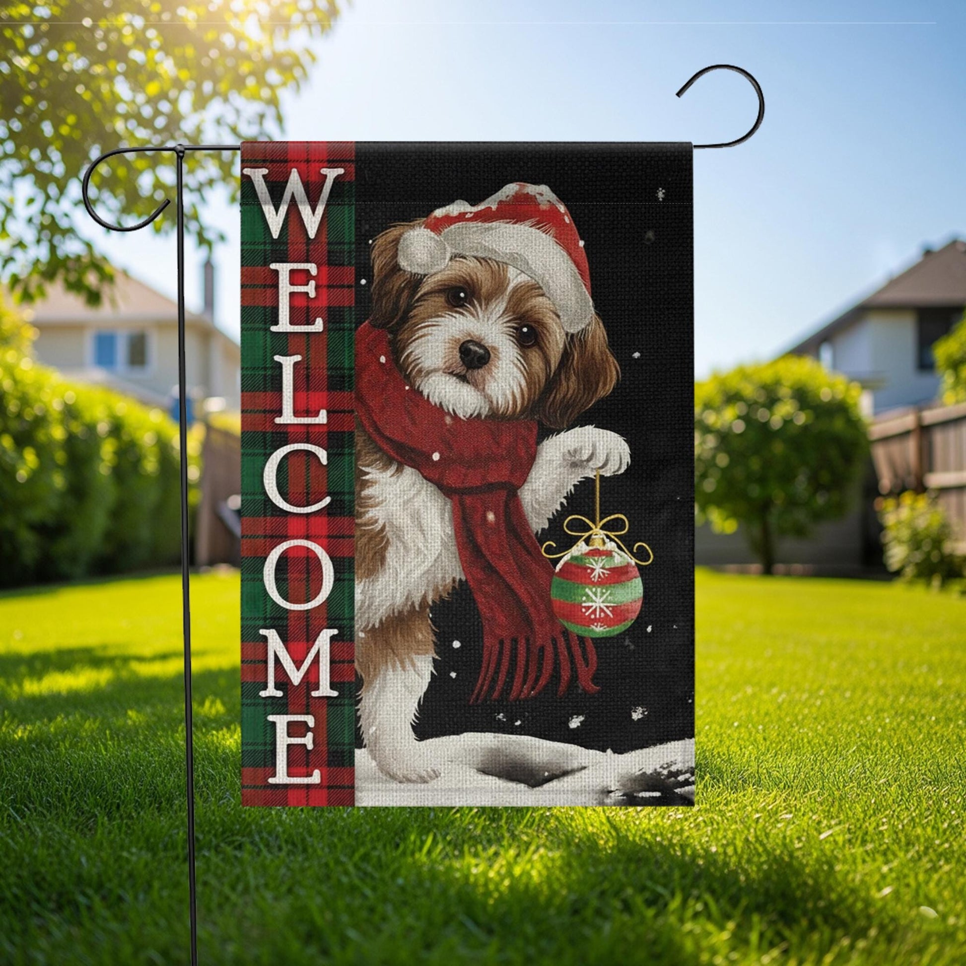 Christmas Garden Flag Dog Welcome | Holiday Outdoor Yard Banner | Winter Plaid Pet Decoration
