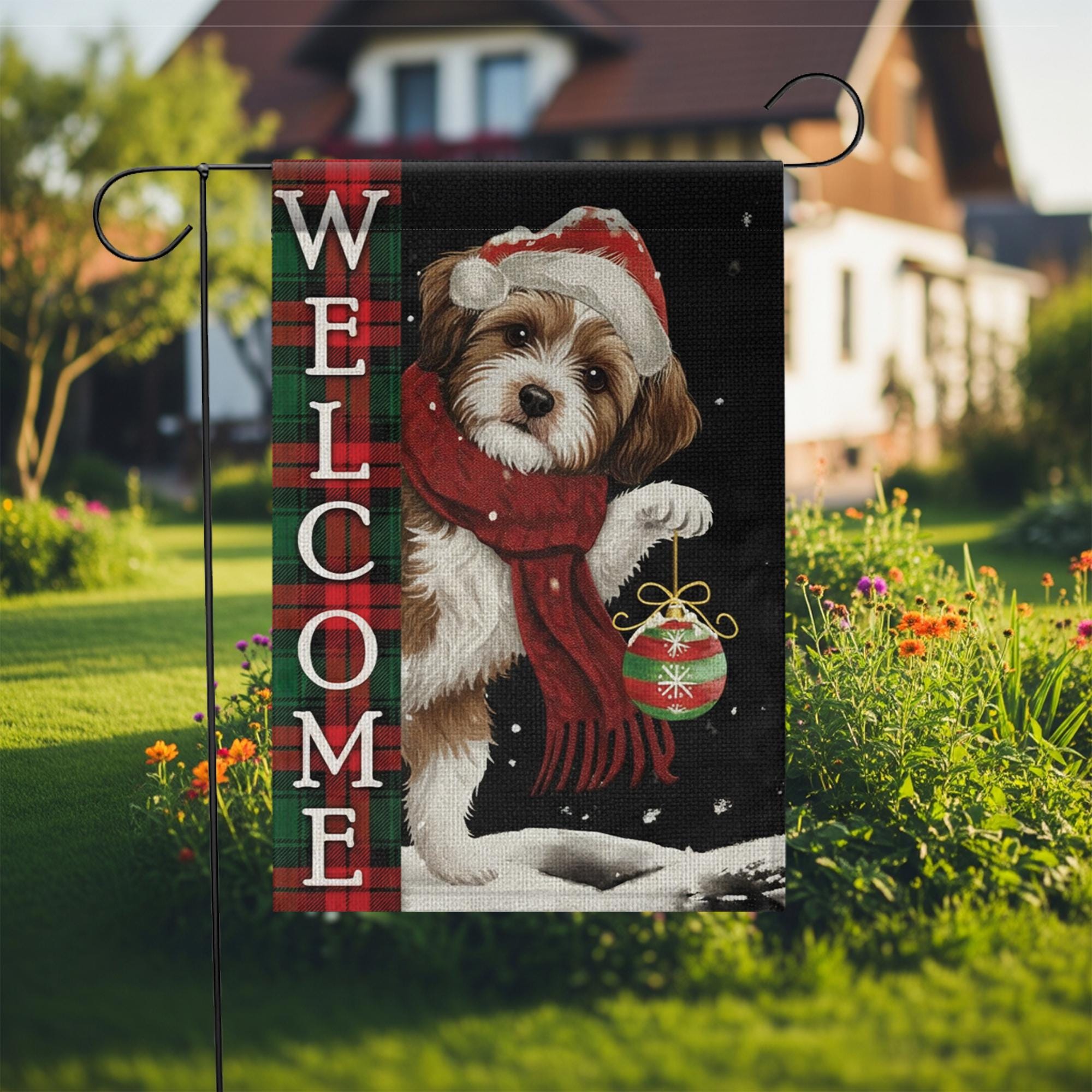 Christmas Garden Flag Dog Welcome | Holiday Outdoor Yard Banner | Winter Plaid Pet Decoration