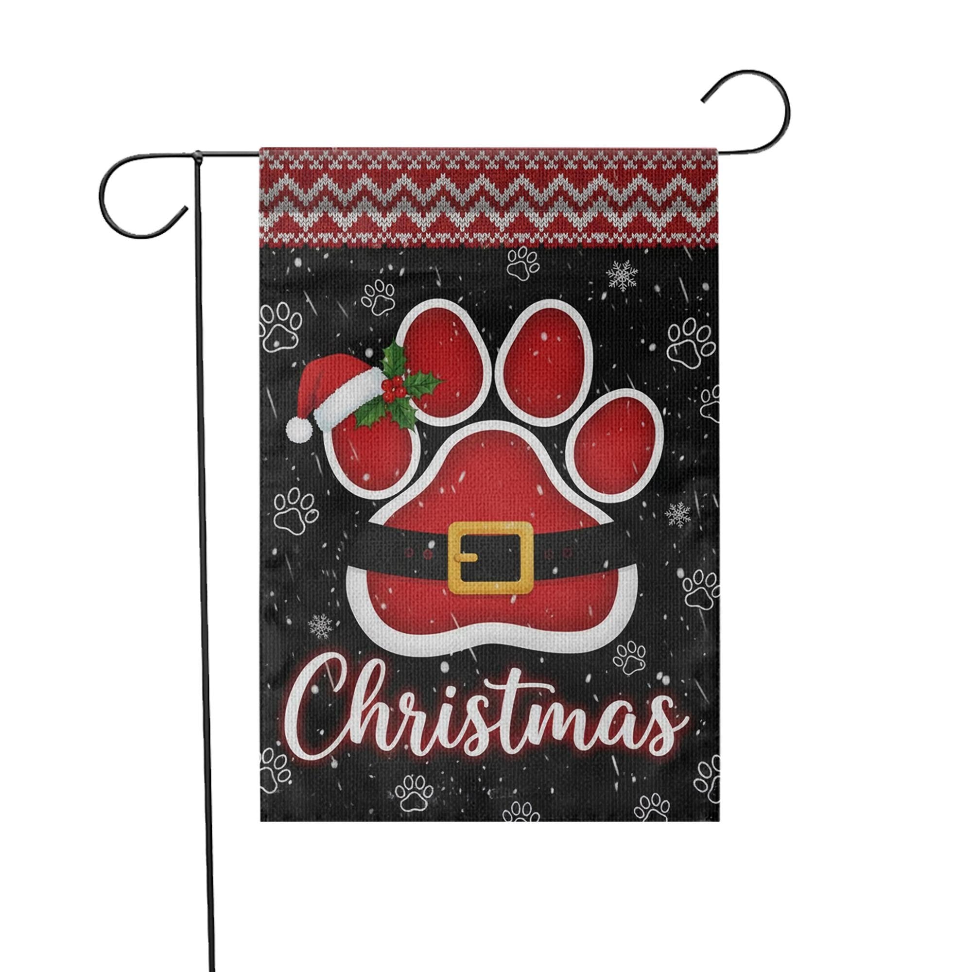 Christmas Garden Flag: Paw Print Santa Belt Holiday Decor