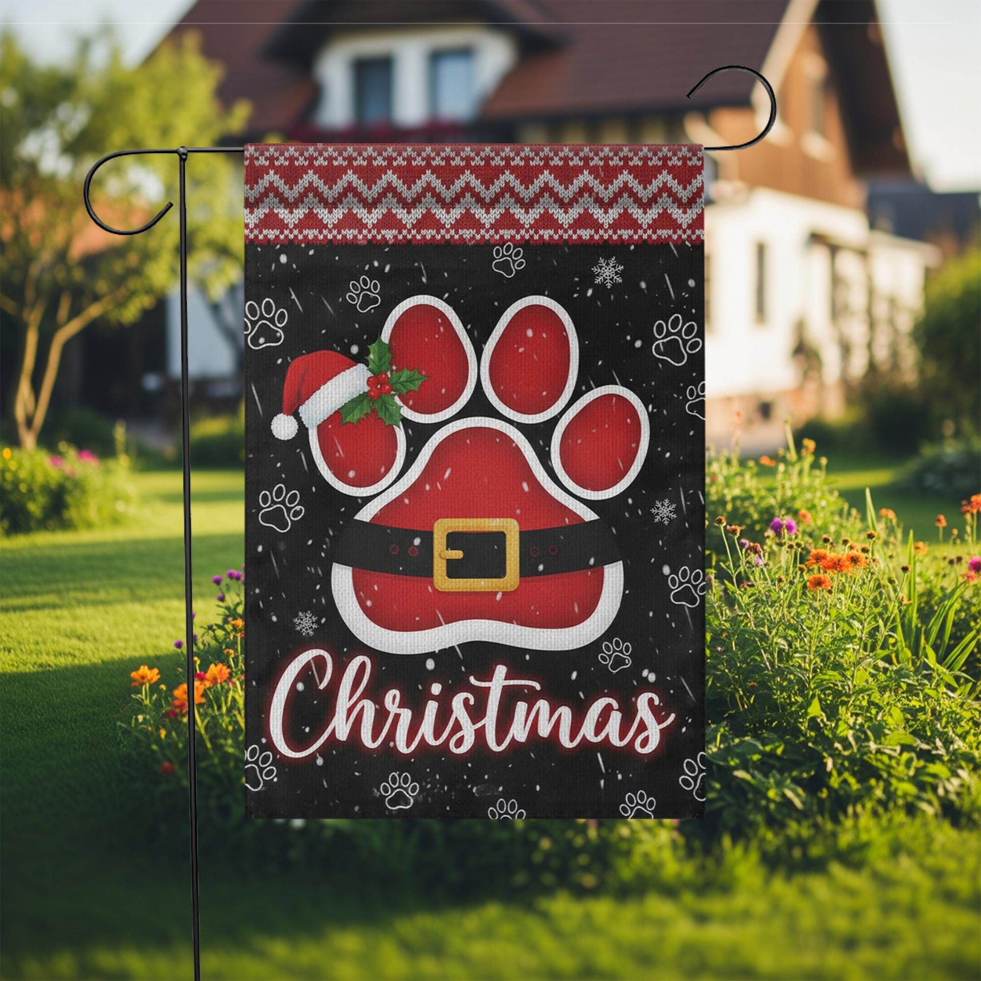 Christmas Garden Flag: Paw Print Santa Belt Holiday Decor