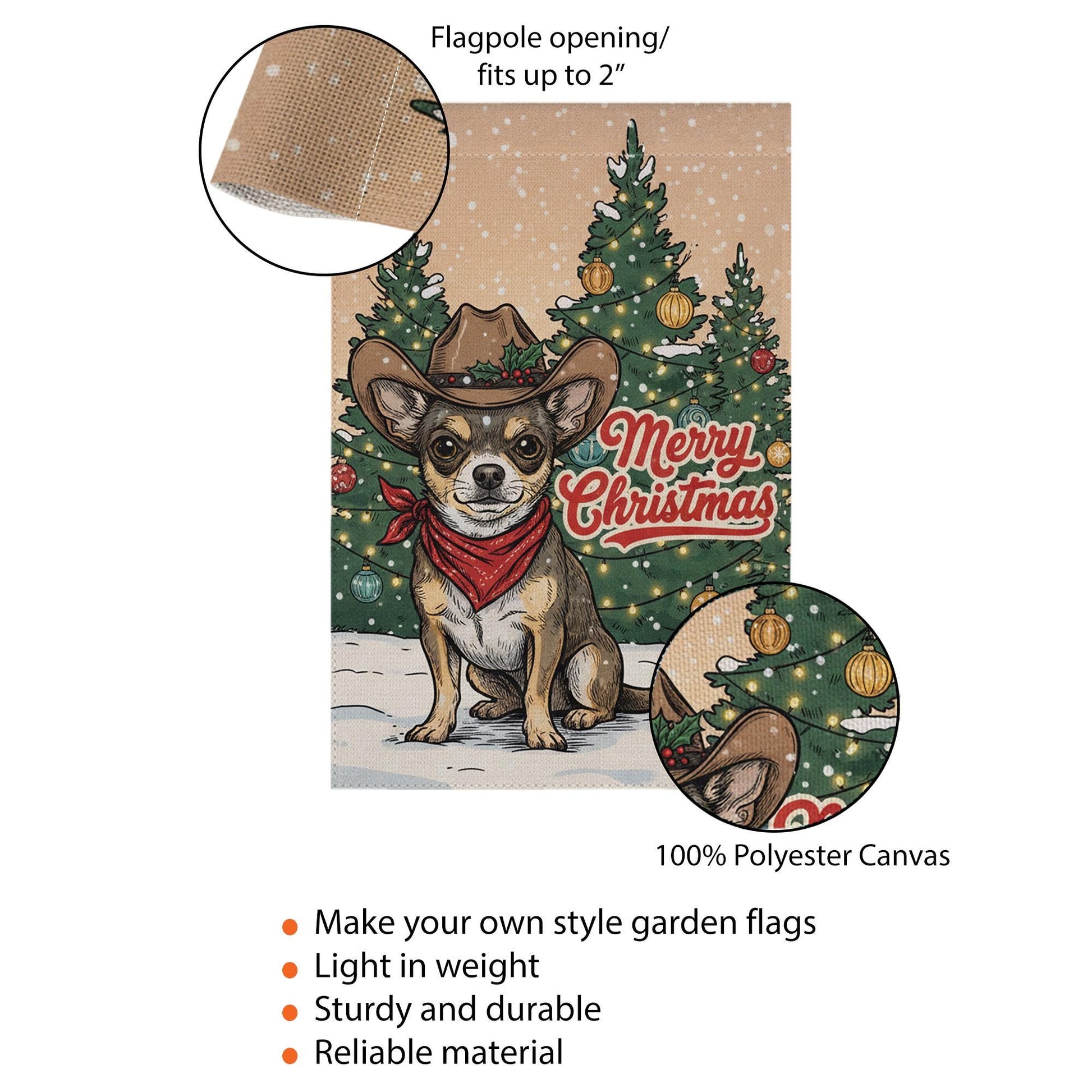 Christmas Garden Flag Chihuahua Dog Cowboy Hat | Holiday Outdoor Yard Banner | Western Pet Winter Decoration