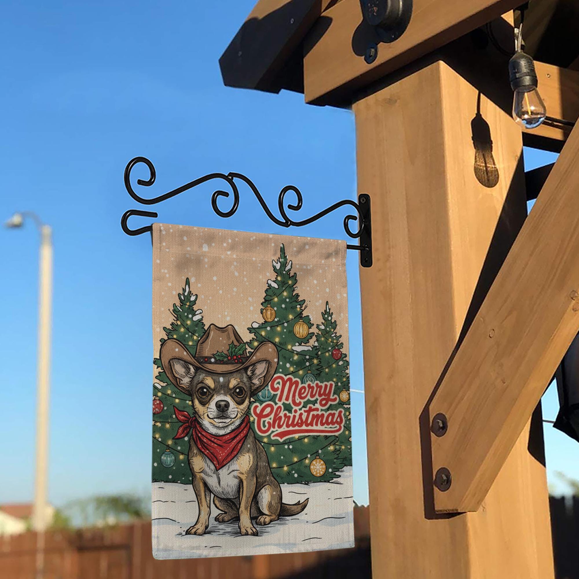 Christmas Garden Flag Chihuahua Dog Cowboy Hat | Holiday Outdoor Yard Banner | Western Pet Winter Decoration