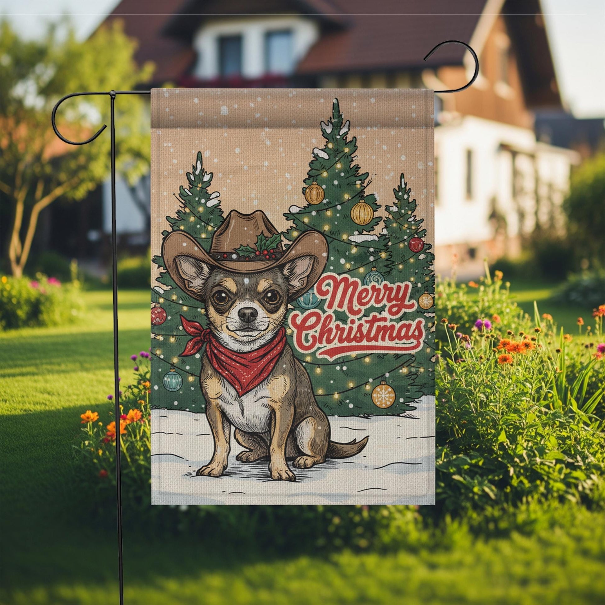 Christmas Garden Flag Chihuahua Dog Cowboy Hat | Holiday Outdoor Yard Banner | Western Pet Winter Decoration