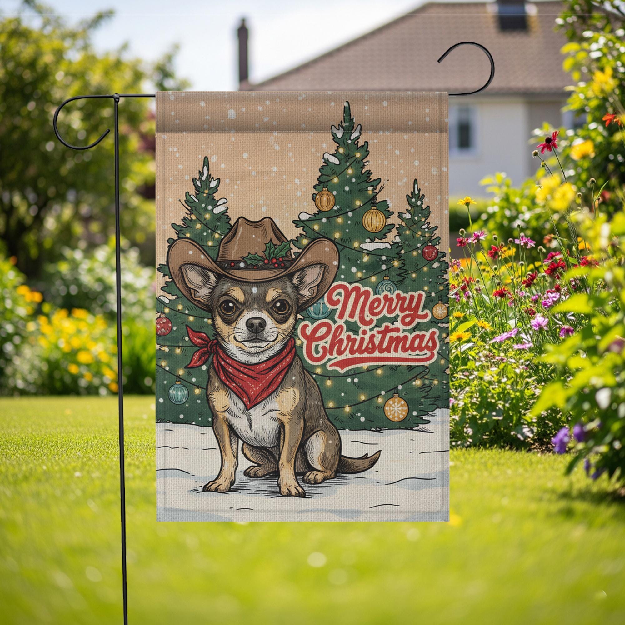 Christmas Garden Flag Chihuahua Dog Cowboy Hat | Holiday Outdoor Yard Banner | Western Pet Winter Decoration