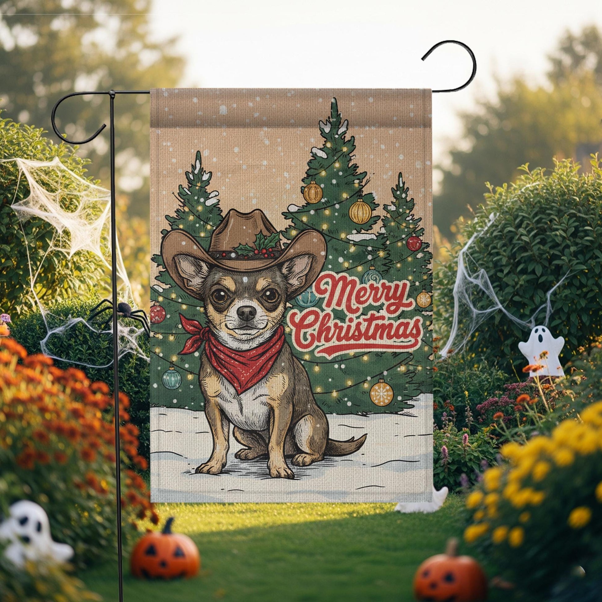 Christmas Garden Flag Chihuahua Dog Cowboy Hat | Holiday Outdoor Yard Banner | Western Pet Winter Decoration