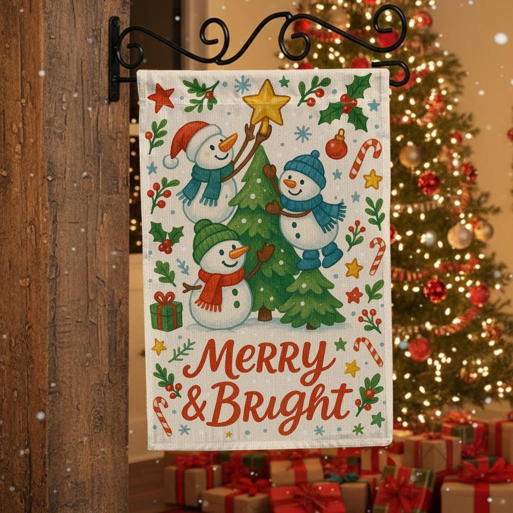 Merry and Bright Garden Flag – Christmas Snowman Outdoor Holiday Yard Decoration