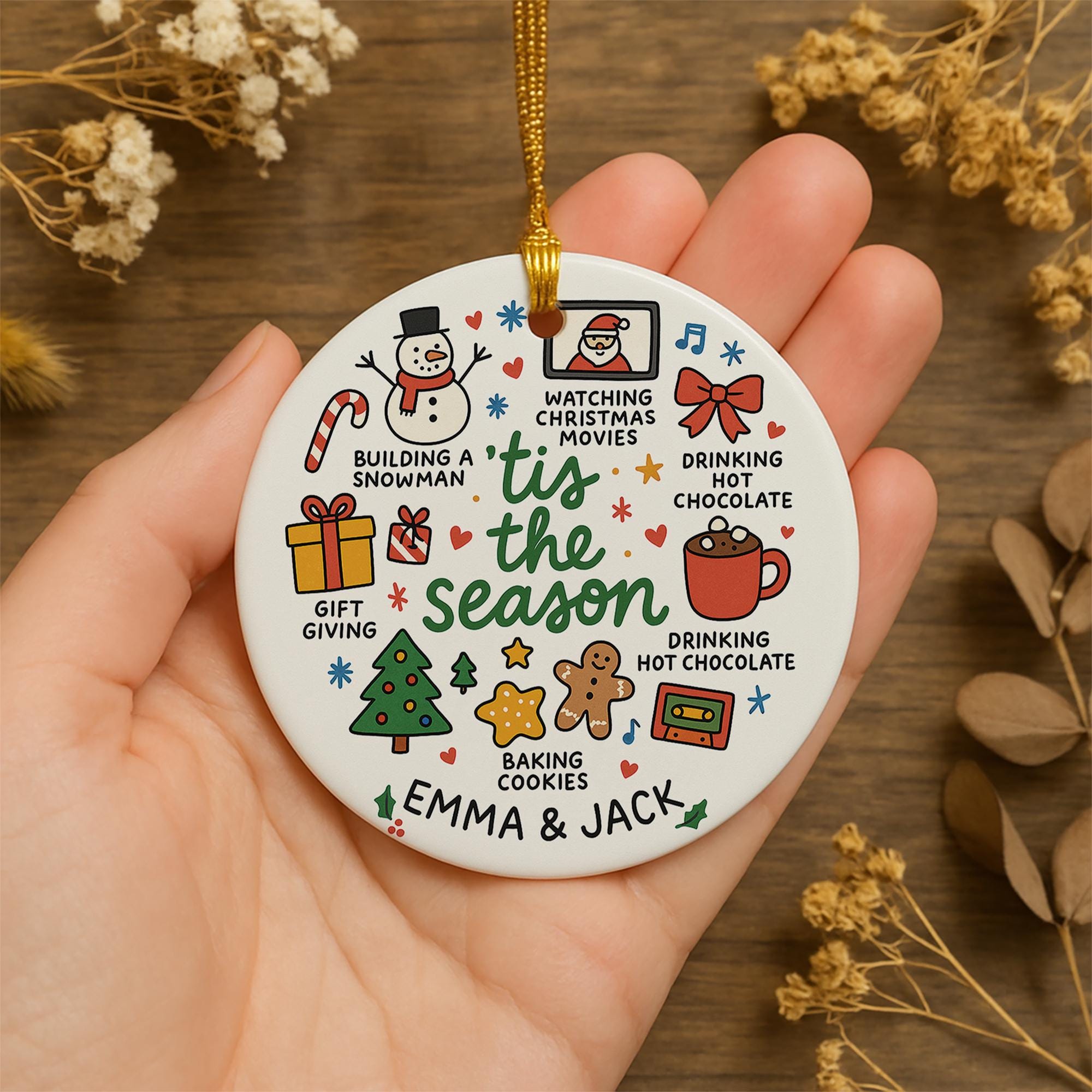 Personalized Ceramic Christmas Ornament: Tis The Season, Holiday Activities Round Decoration