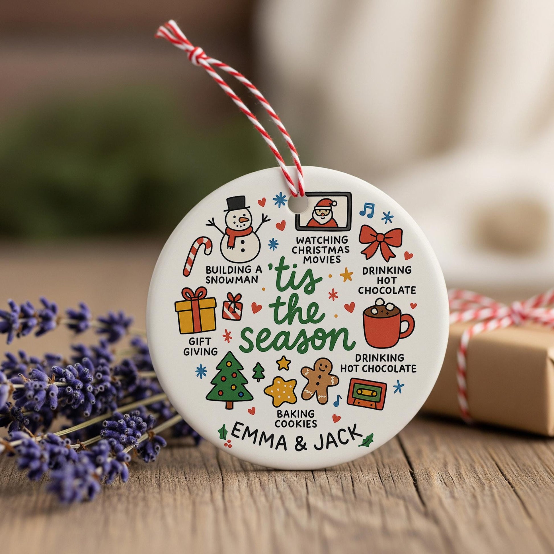 Personalized Ceramic Christmas Ornament: Tis The Season, Holiday Activities Round Decoration