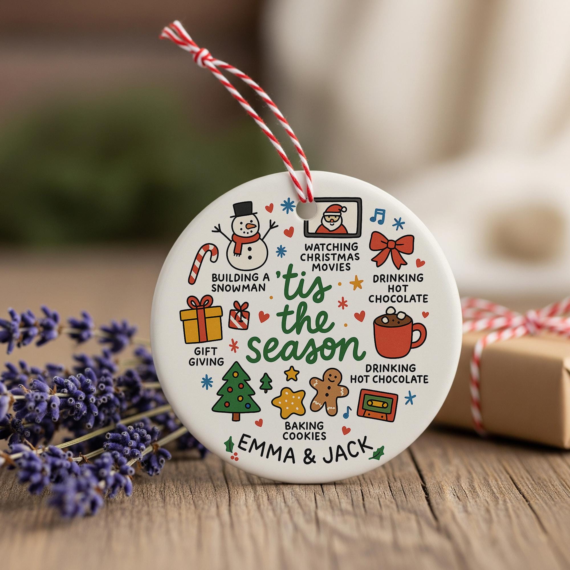 Personalized Ceramic Christmas Ornament: Tis The Season, Holiday Activities Round Decoration