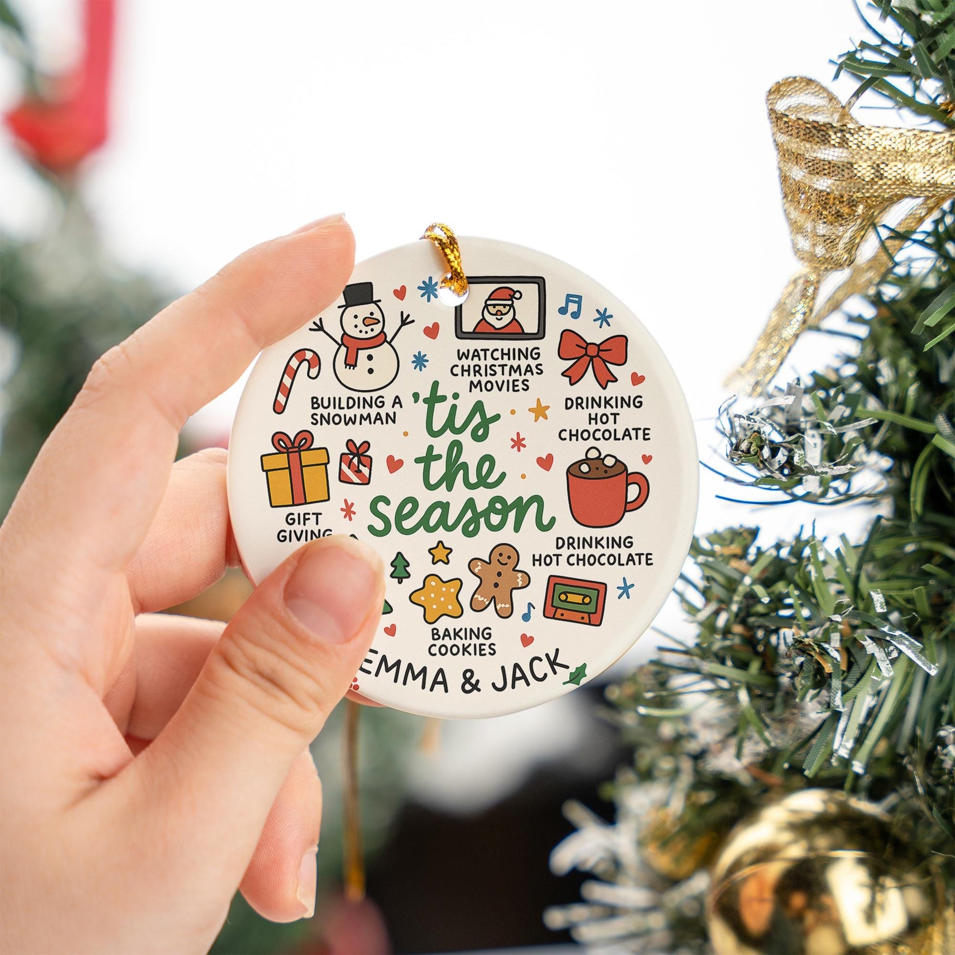 Personalized Ceramic Christmas Ornament: Tis The Season, Holiday Activities Round Decoration