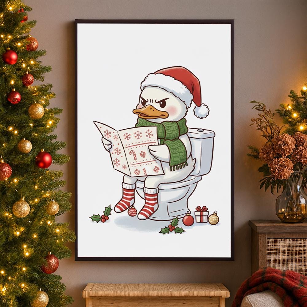 Funny Duck Christmas Poster – Quirky Holiday Bathroom Wall Art Print