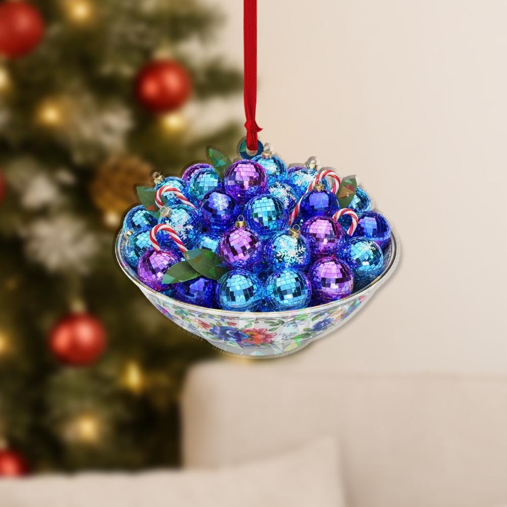 Personalized Acrylic Ornament – Bowl of Baubles & Candy Cane – Hanging Tree Decoration