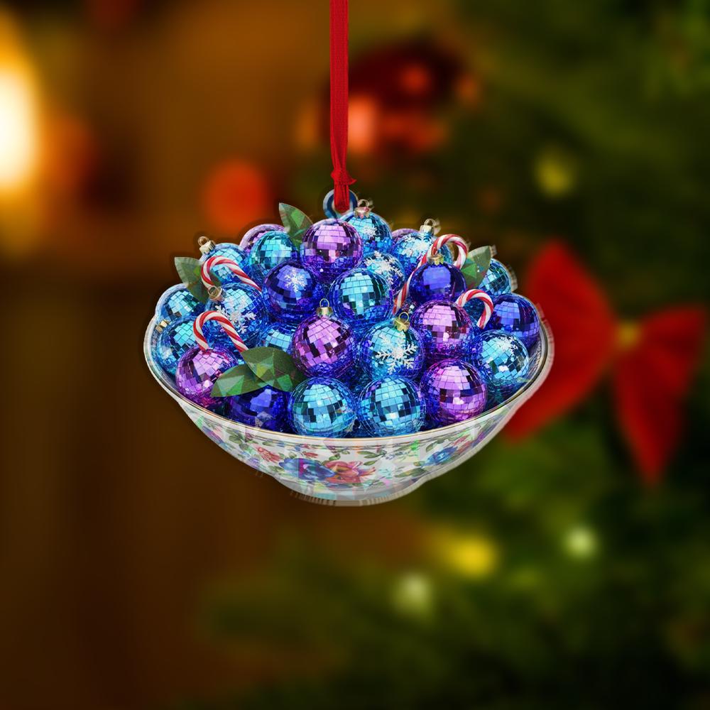 Personalized Acrylic Ornament – Bowl of Baubles & Candy Cane – Hanging Tree Decoration