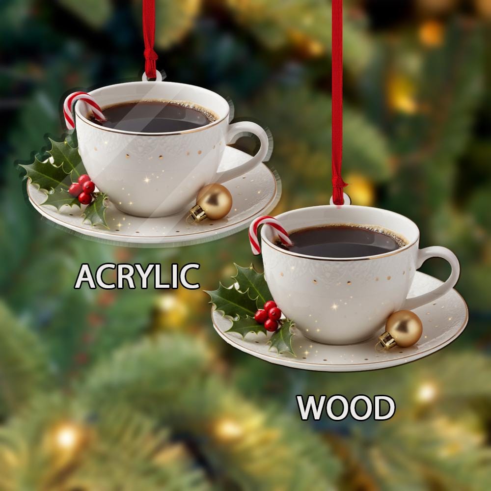 Personalized Acrylic Ornament – Coffee Cup & Saucer with Candy Cane – Hanging Tree Decor