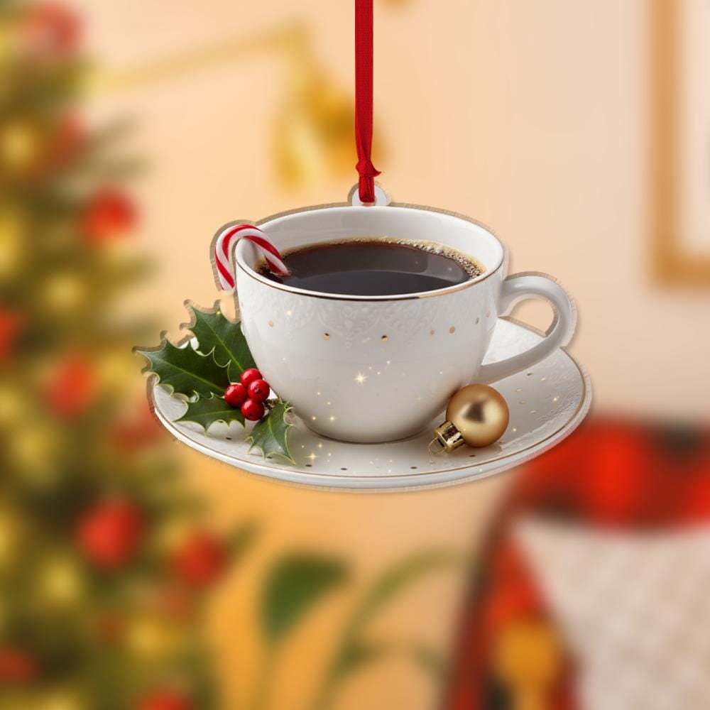 Personalized Acrylic Ornament – Coffee Cup & Saucer with Candy Cane – Hanging Tree Decor