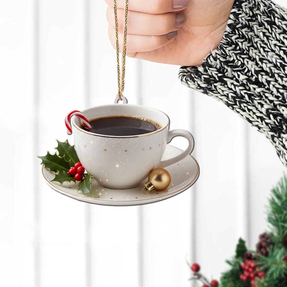 Personalized Acrylic Ornament – Coffee Cup & Saucer with Candy Cane – Hanging Tree Decor