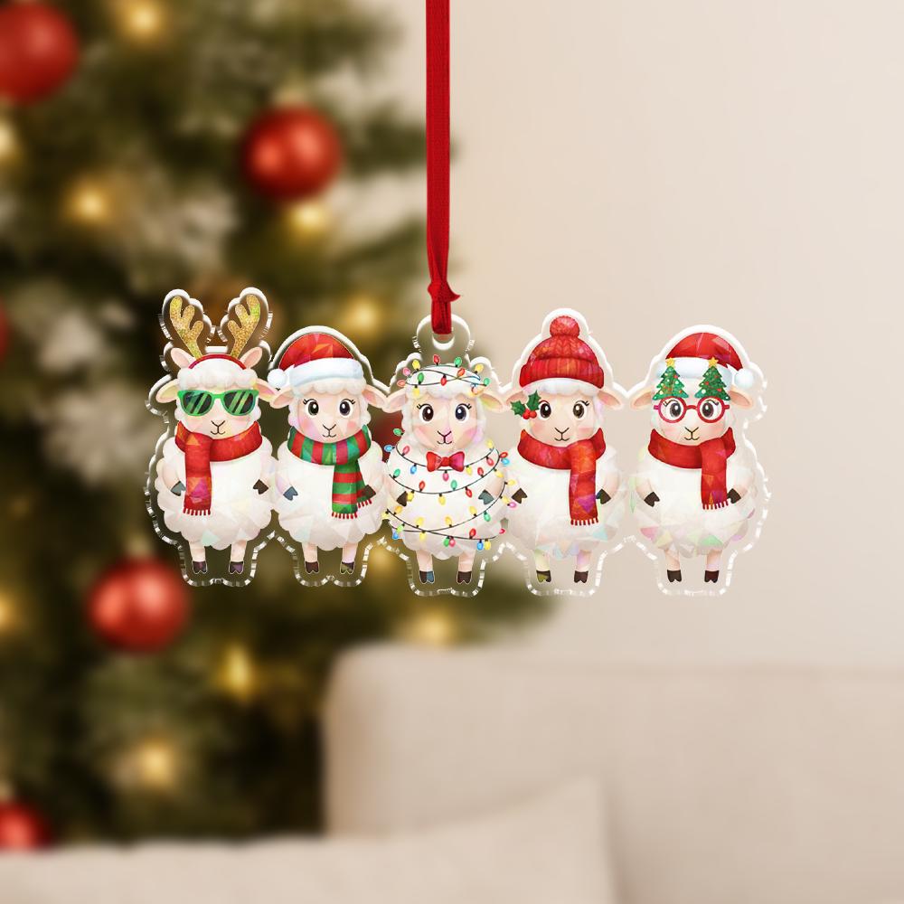 Acrylic Ornament – Row of Festive Sheep – Tree Hanging Decoration