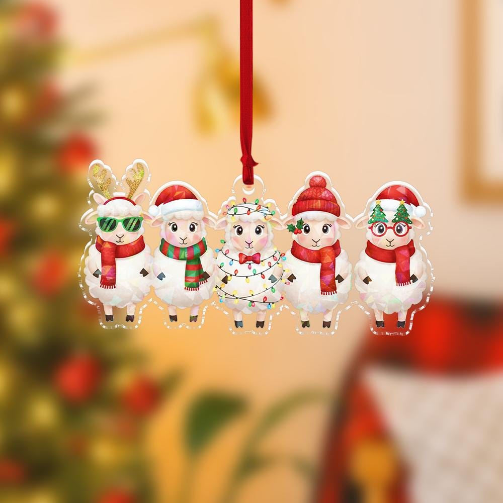 Acrylic Ornament – Row of Festive Sheep – Tree Hanging Decoration