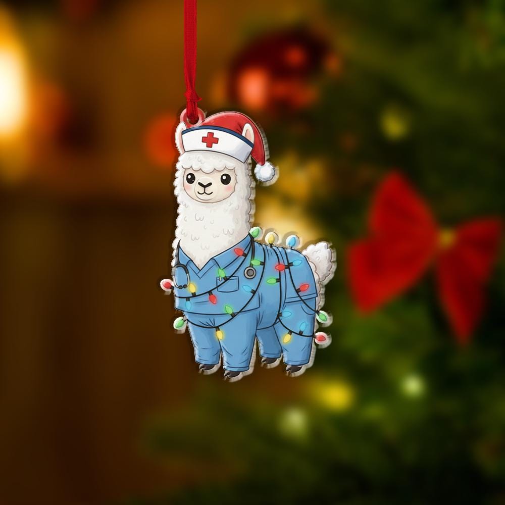 Personalized Acrylic Ornament – Llama Nurse with Holiday Lights – Tree Hanging Decoration