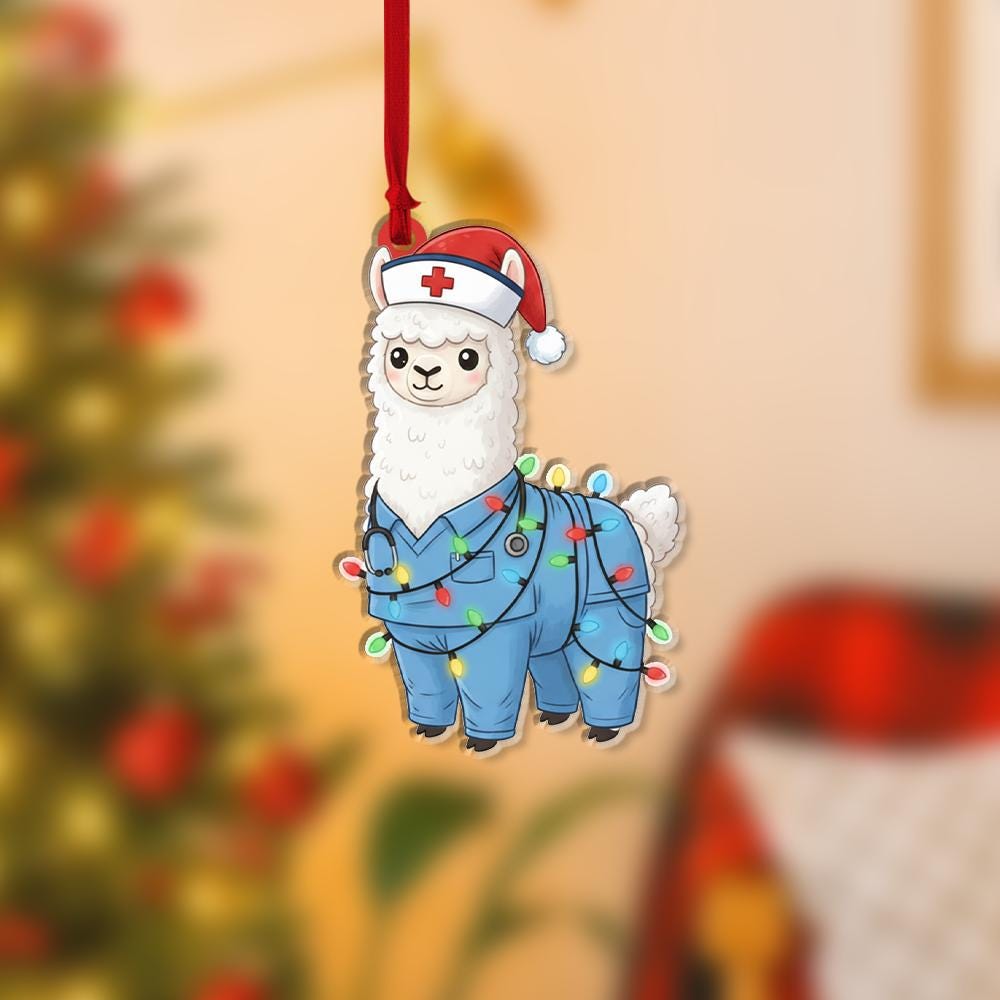 Personalized Acrylic Ornament – Llama Nurse with Holiday Lights – Tree Hanging Decoration