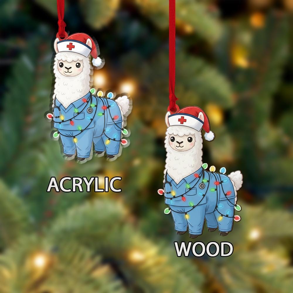 Personalized Acrylic Ornament – Llama Nurse with Holiday Lights – Tree Hanging Decoration