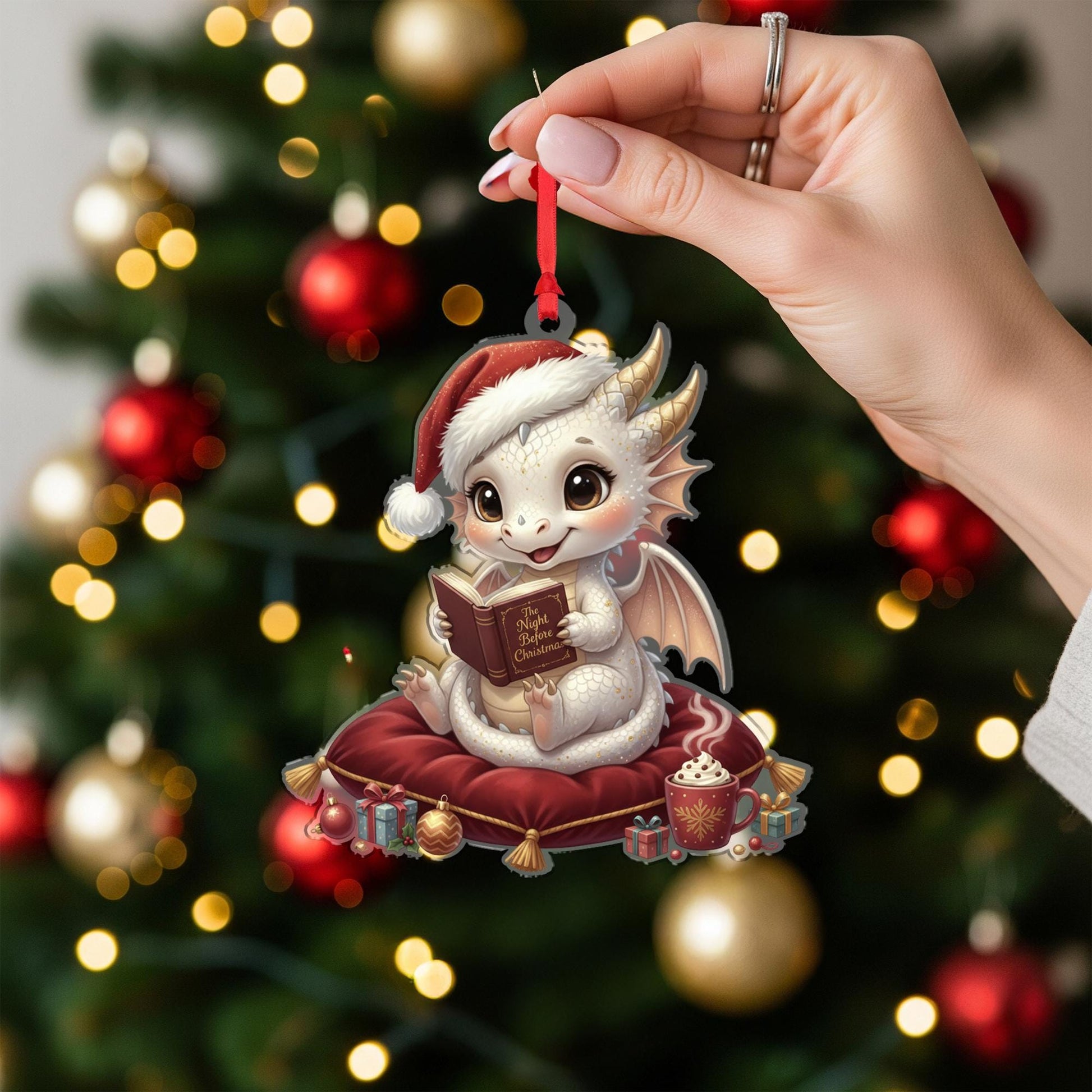 Dragon Ornament – Fantasy Christmas Decoration with Santa Hat and Book