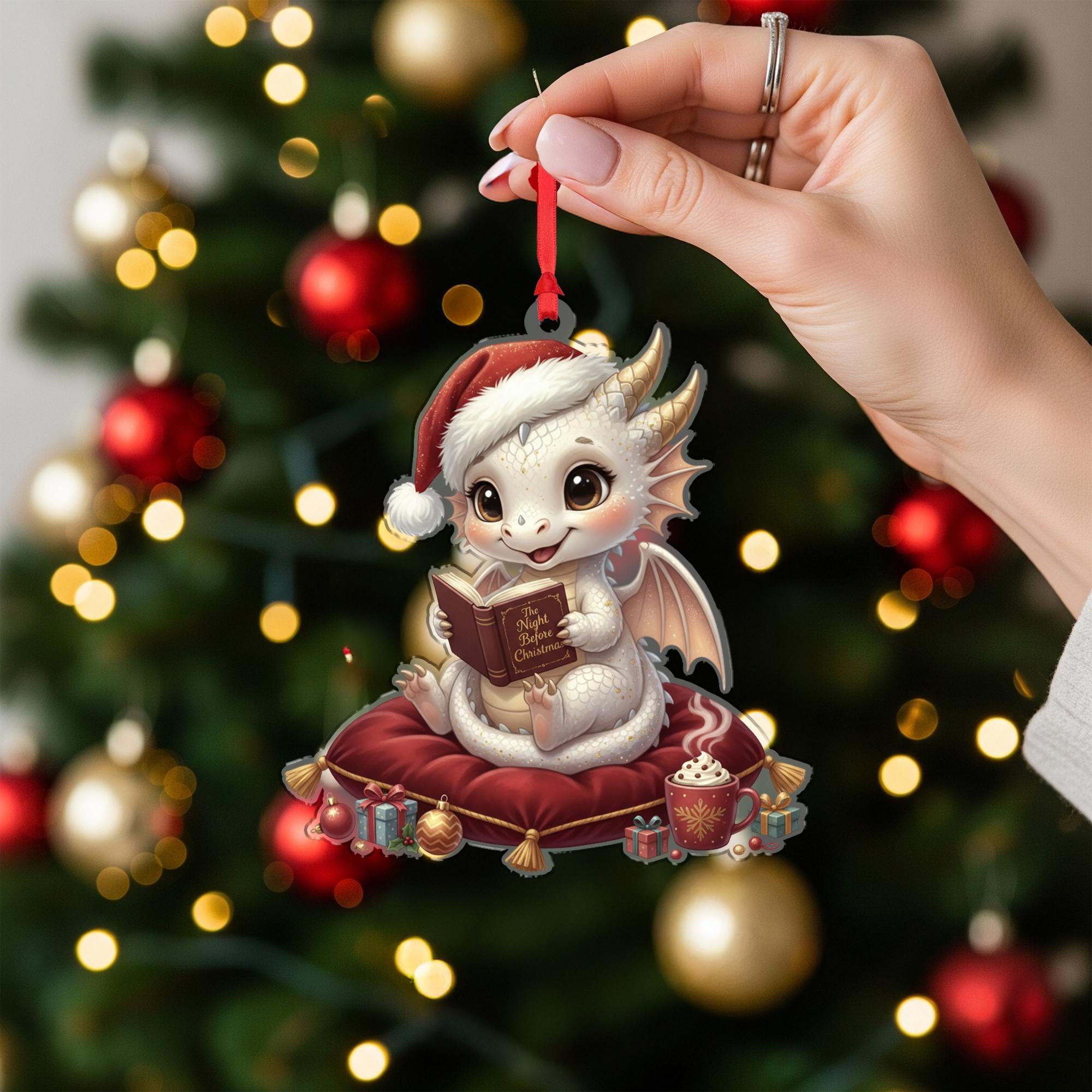 Dragon Ornament – Fantasy Christmas Decoration with Santa Hat and Book