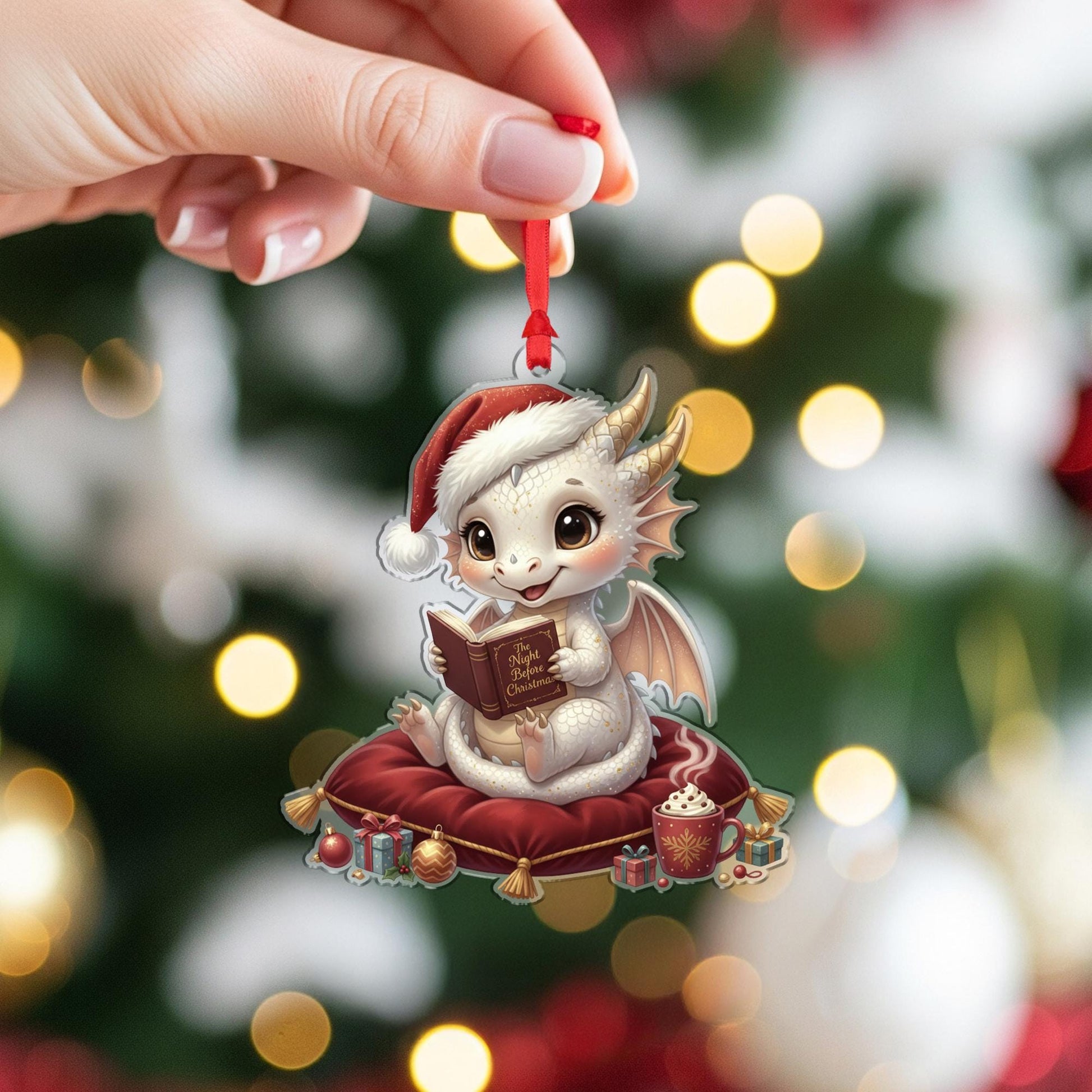 Dragon Ornament – Fantasy Christmas Decoration with Santa Hat and Book