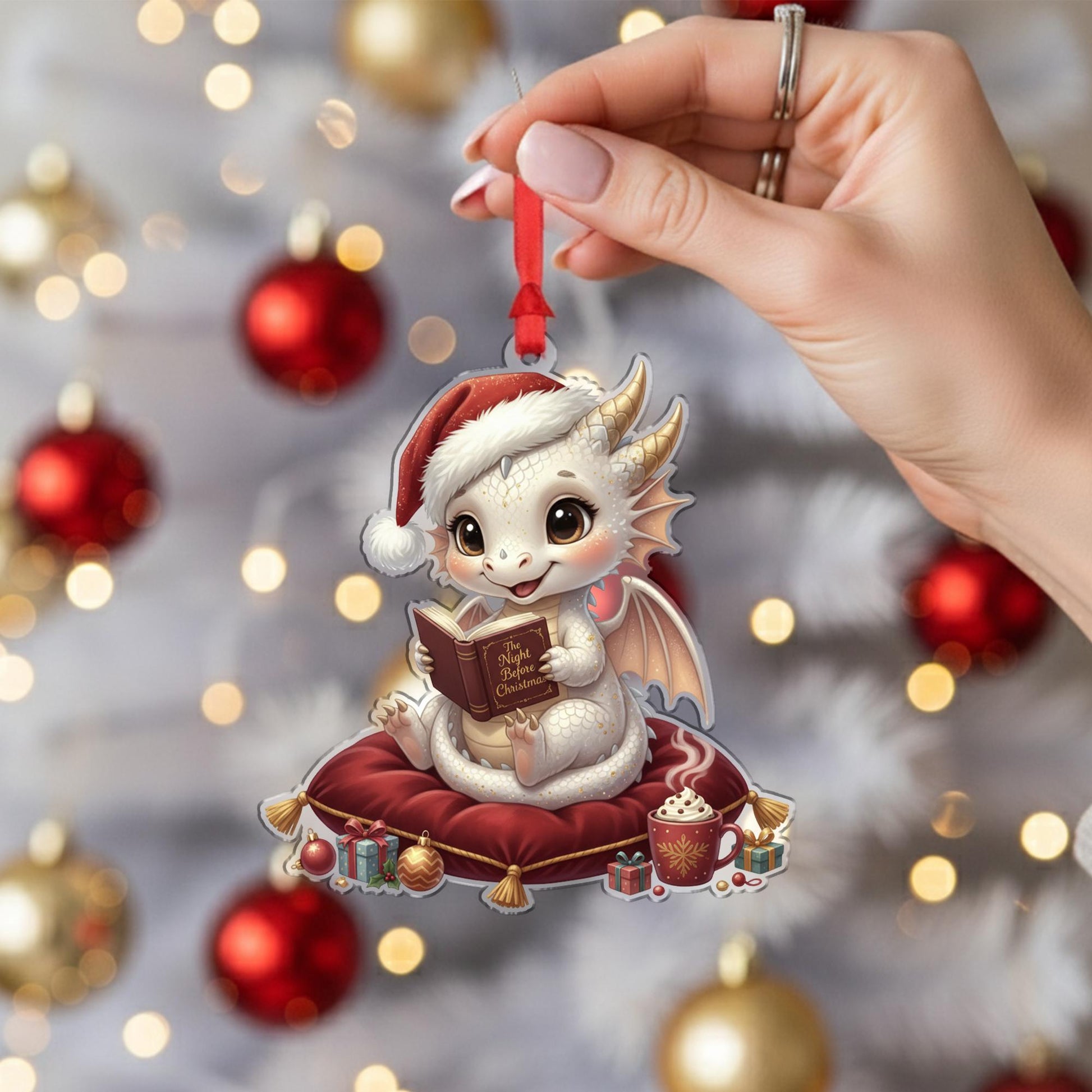 Dragon Ornament – Fantasy Christmas Decoration with Santa Hat and Book