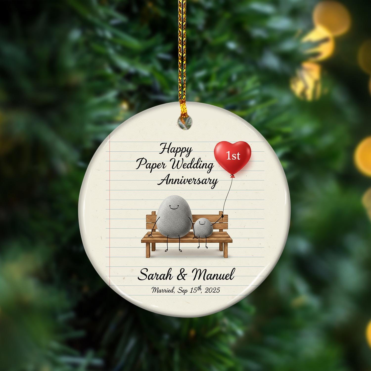 Personalized Ceramic Ornament – Stone Couple on Bench with Heart Balloon – Hanging Keepsake