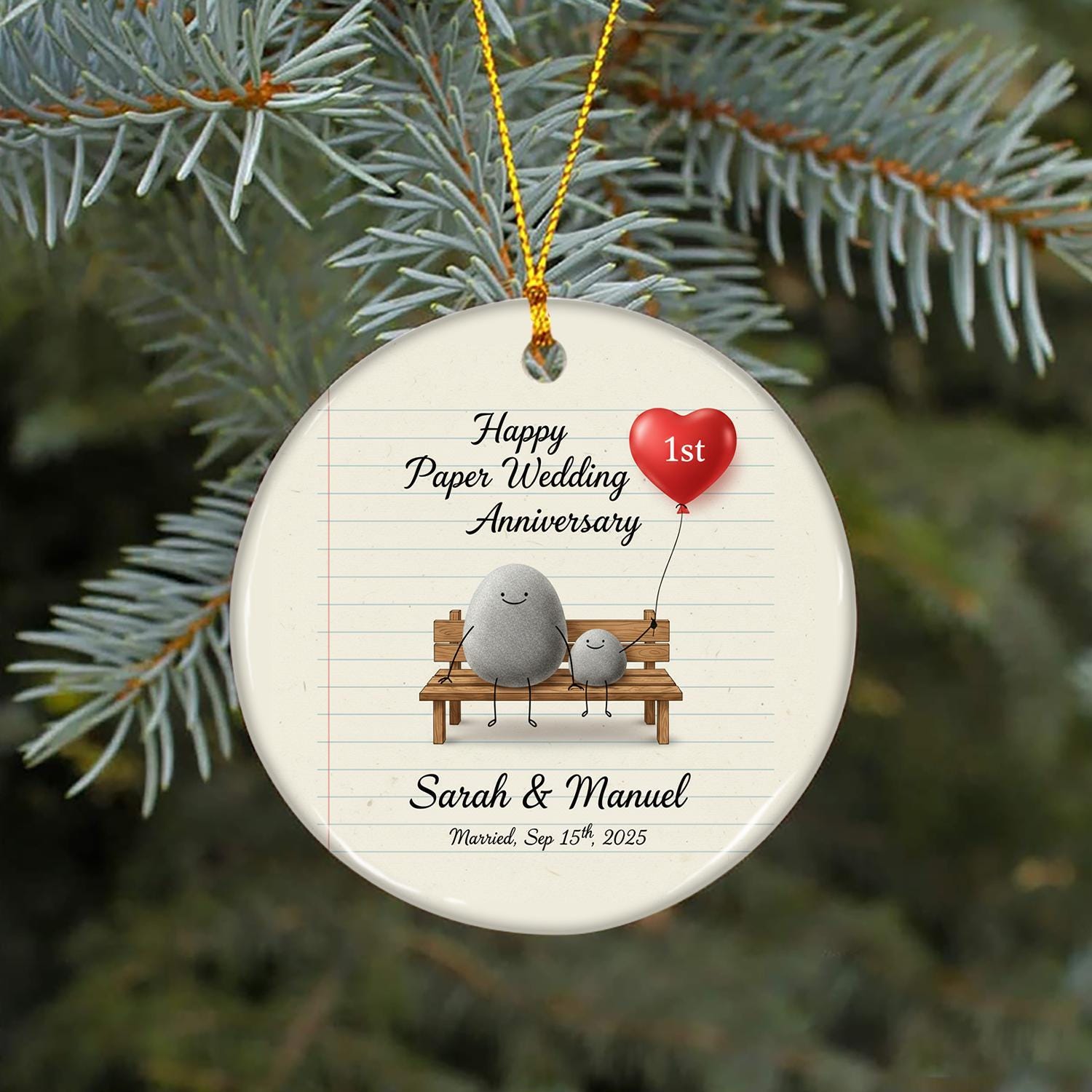 Personalized Ceramic Ornament – Stone Couple on Bench with Heart Balloon – Hanging Keepsake