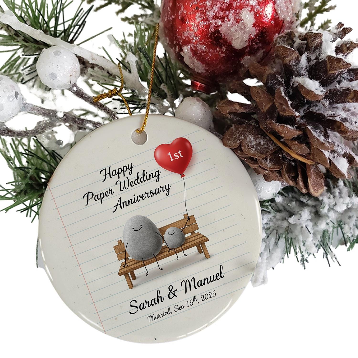Personalized Ceramic Ornament – Stone Couple on Bench with Heart Balloon – Hanging Keepsake