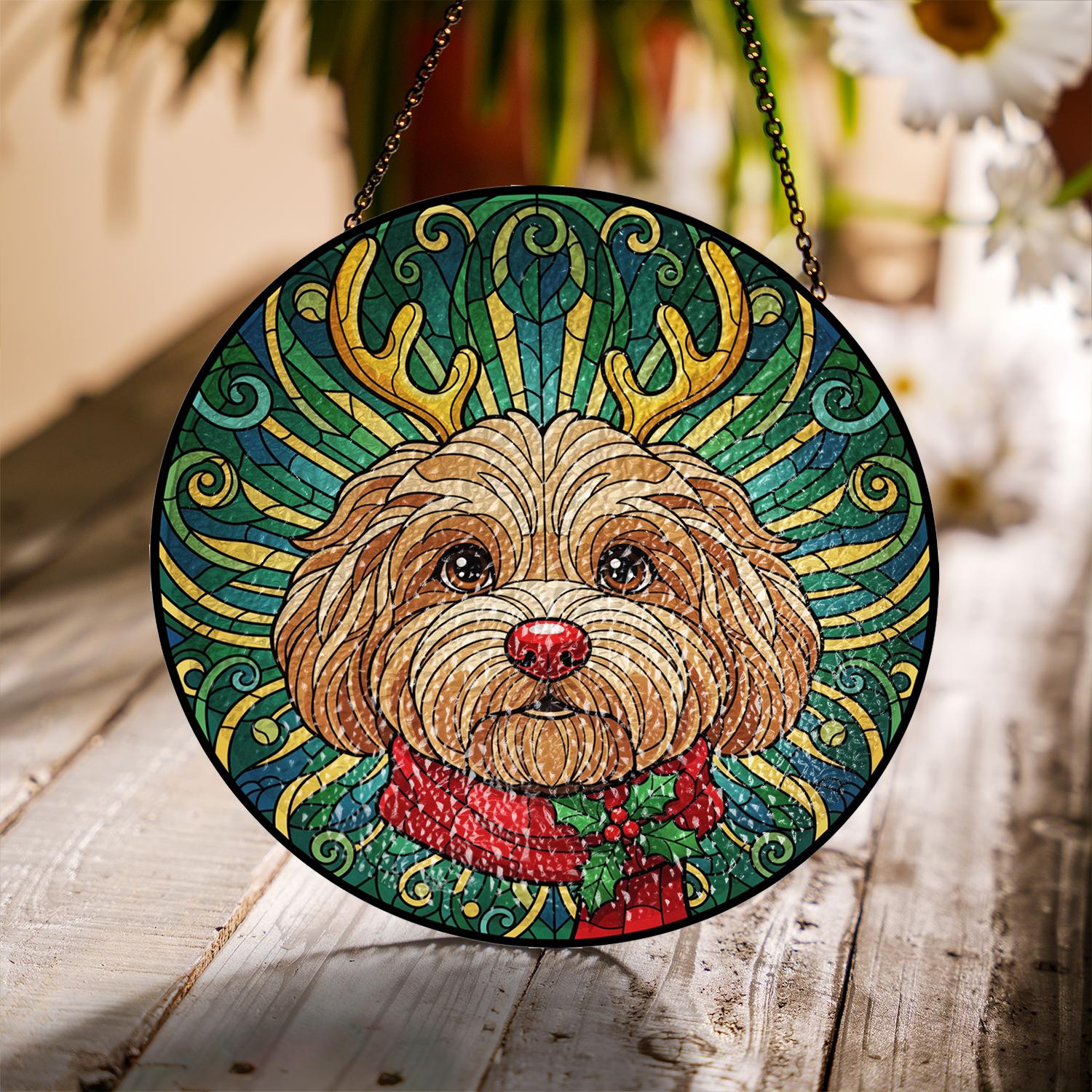 Glass Suncatcher – Dog Portrait with Antler Motif – Window Hanging Decoration