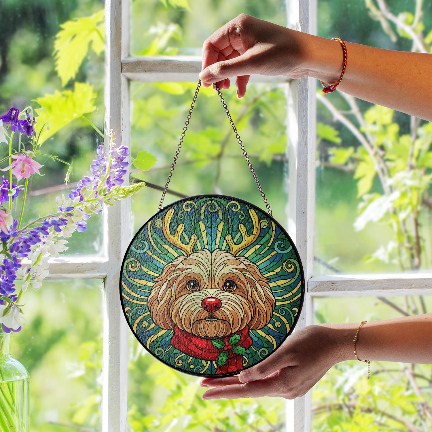 Glass Suncatcher – Dog Portrait with Antler Motif – Window Hanging Decoration