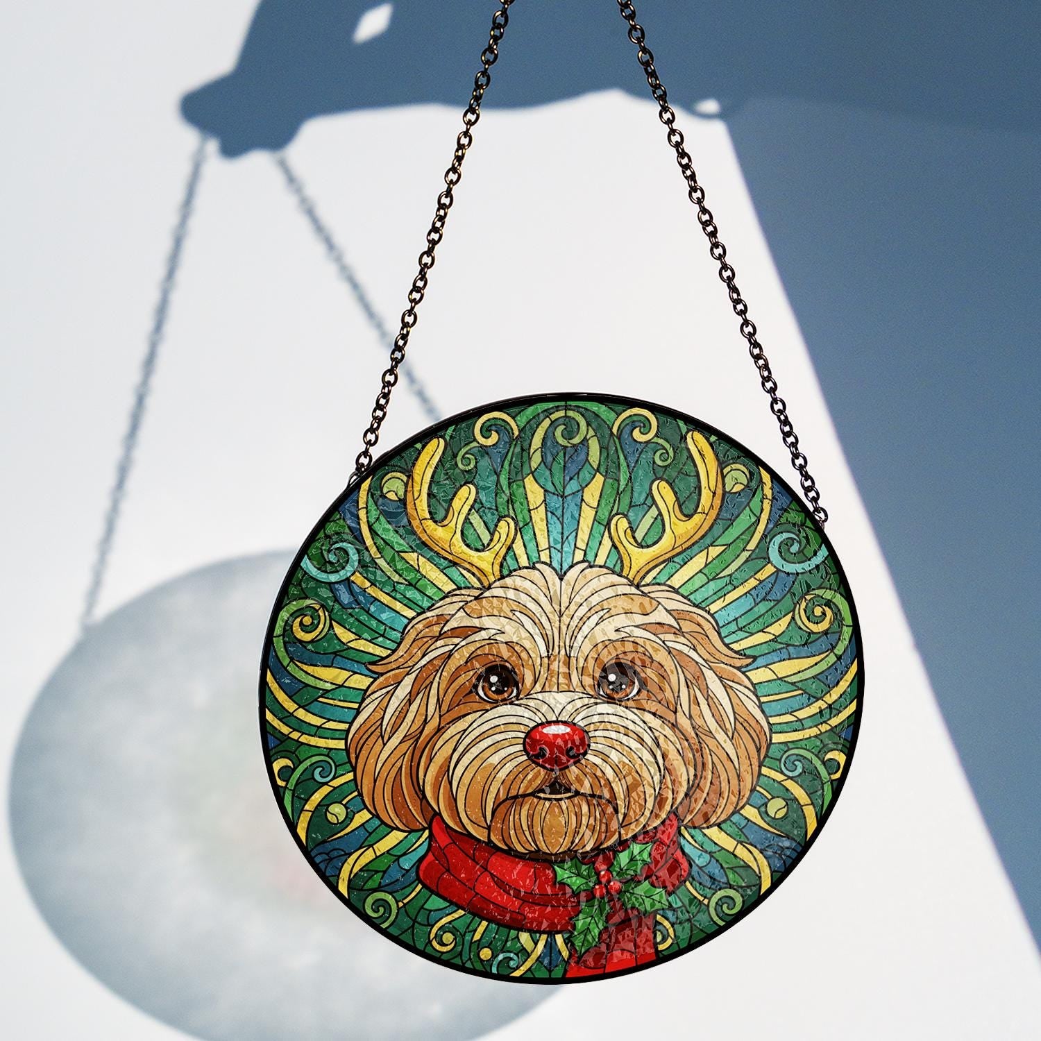 Glass Suncatcher – Dog Portrait with Antler Motif – Window Hanging Decoration