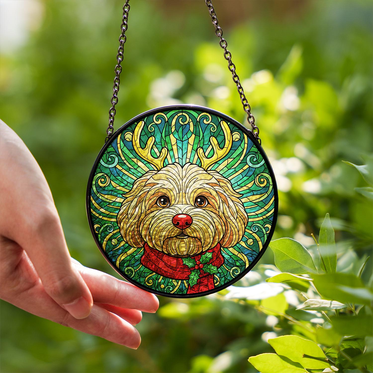 Glass Suncatcher – Dog Portrait with Antler Motif – Window Hanging Decoration