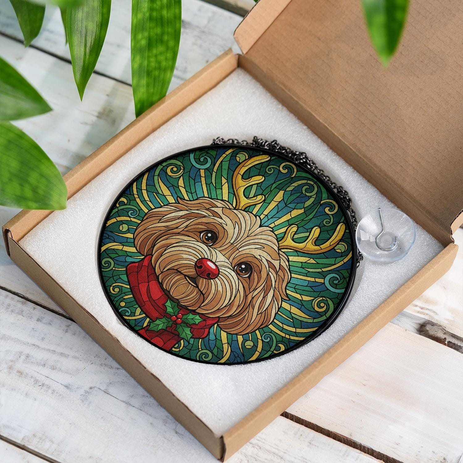 Glass Suncatcher – Dog Portrait with Antler Motif – Window Hanging Decoration