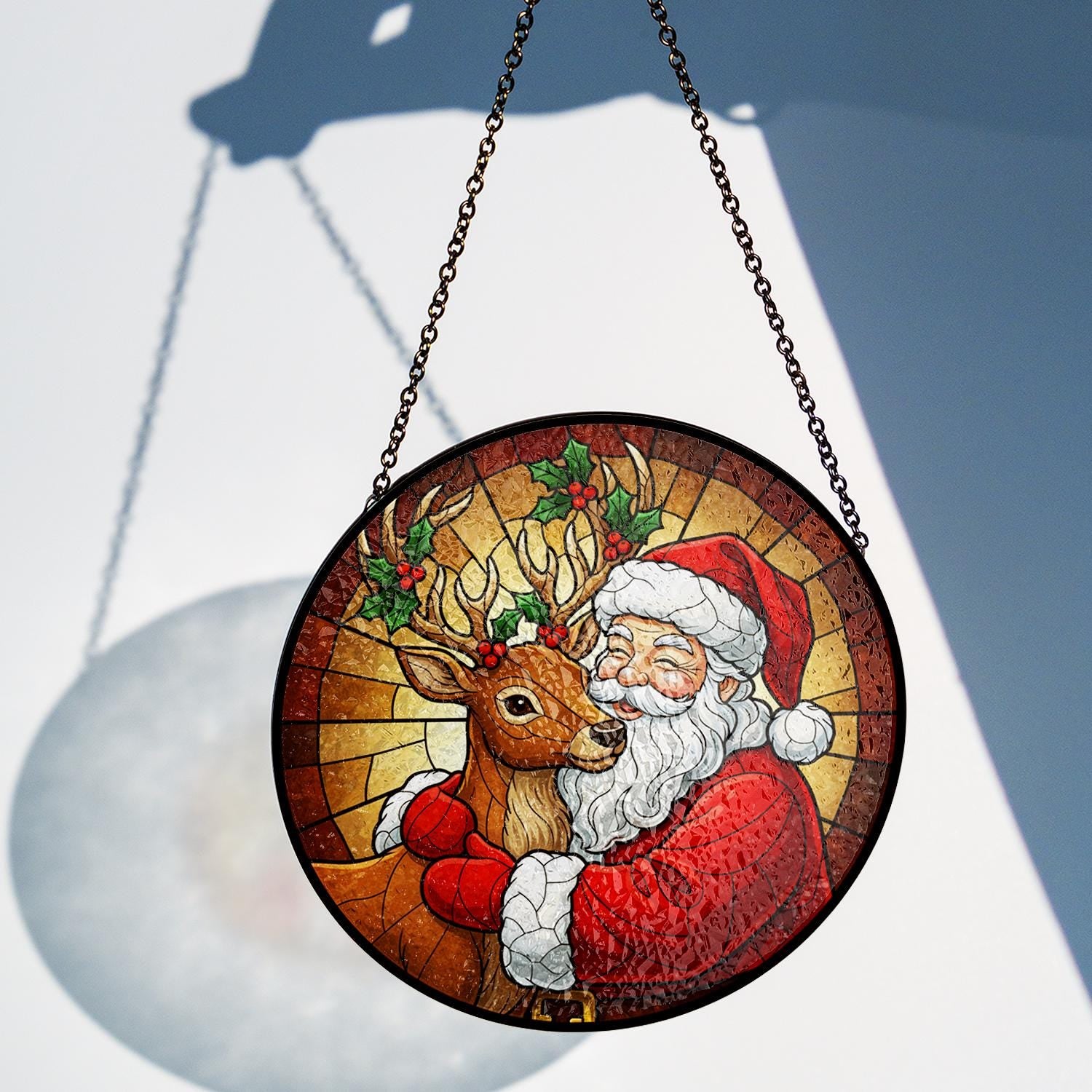 Glass Suncatcher – Santa & Reindeer Portrait – Window Hanging Decoration